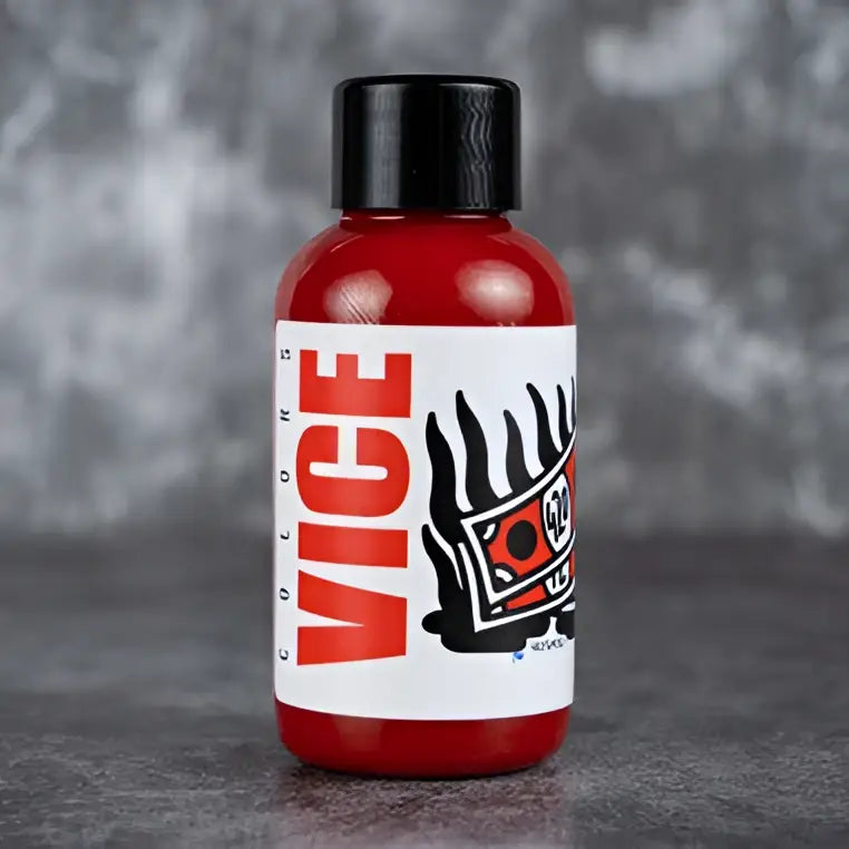 Red plastic bottle with black cap and white label featuring bold red vice text and stylized eye graphic for vice criminal red