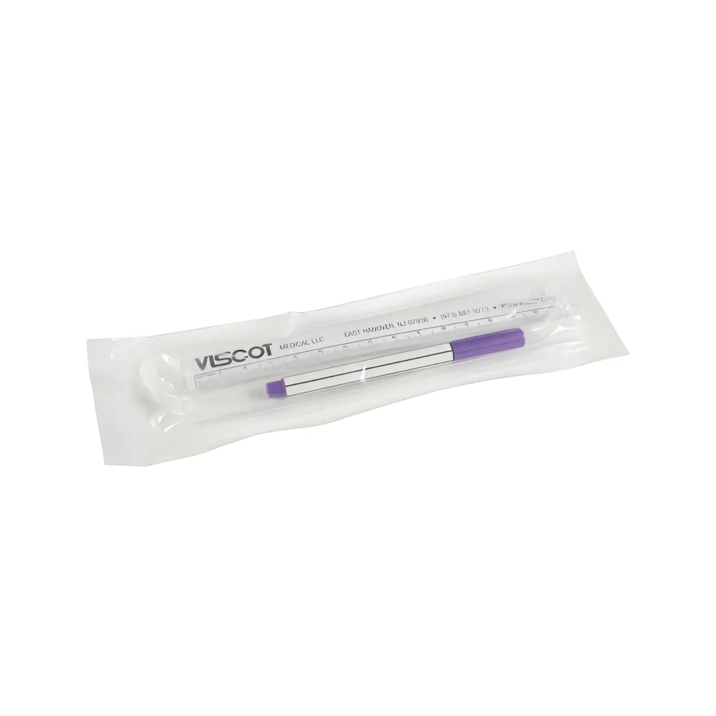 Viscot sterile surgical skin marker with purple cap silver body measurement markings and clear plastic packaging