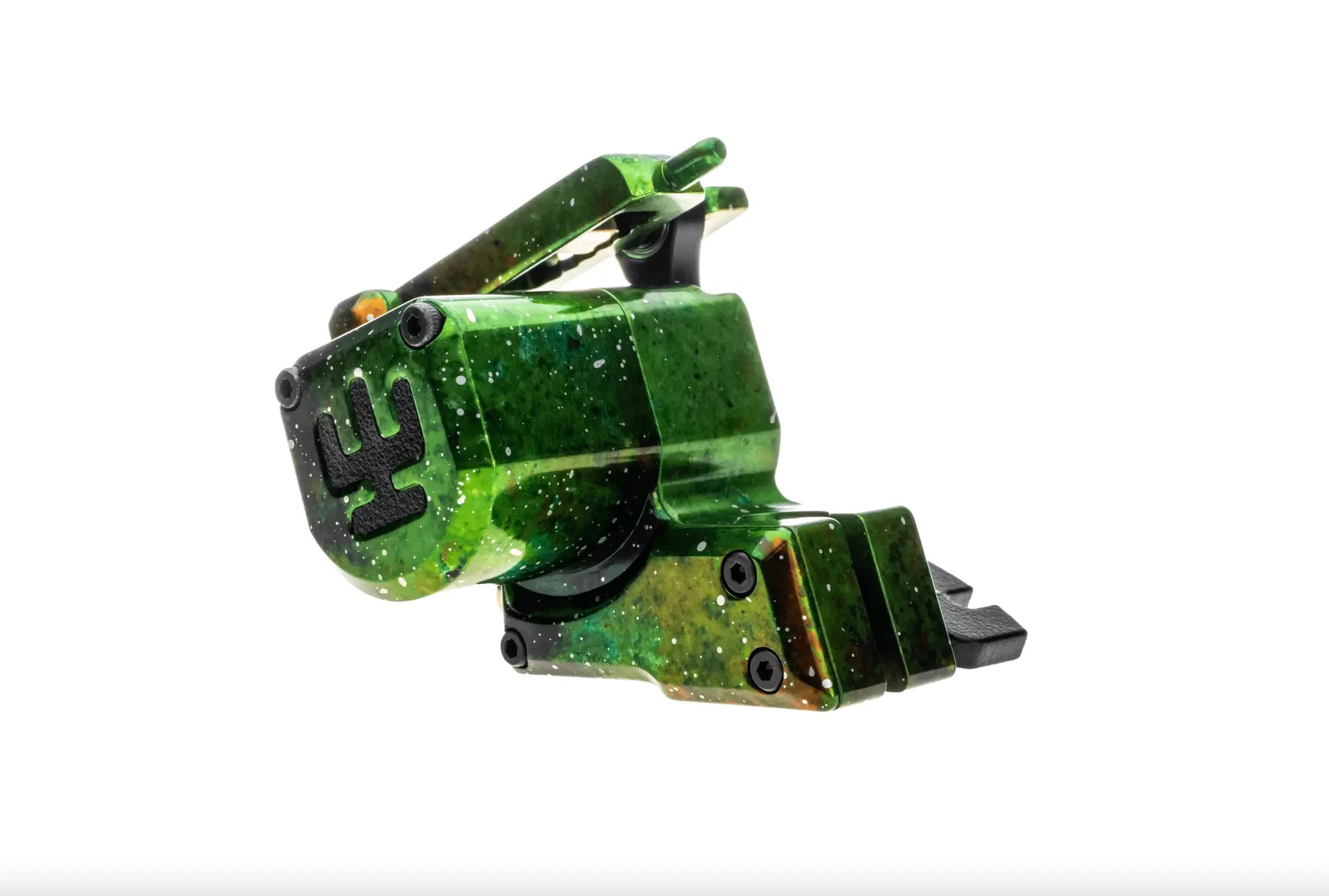 Grün gesprenkelte VLAD BLAD Avenger 2 Pro Tätowiermaschine mit schwarzen Akzenten und markantem Logo an der Seite