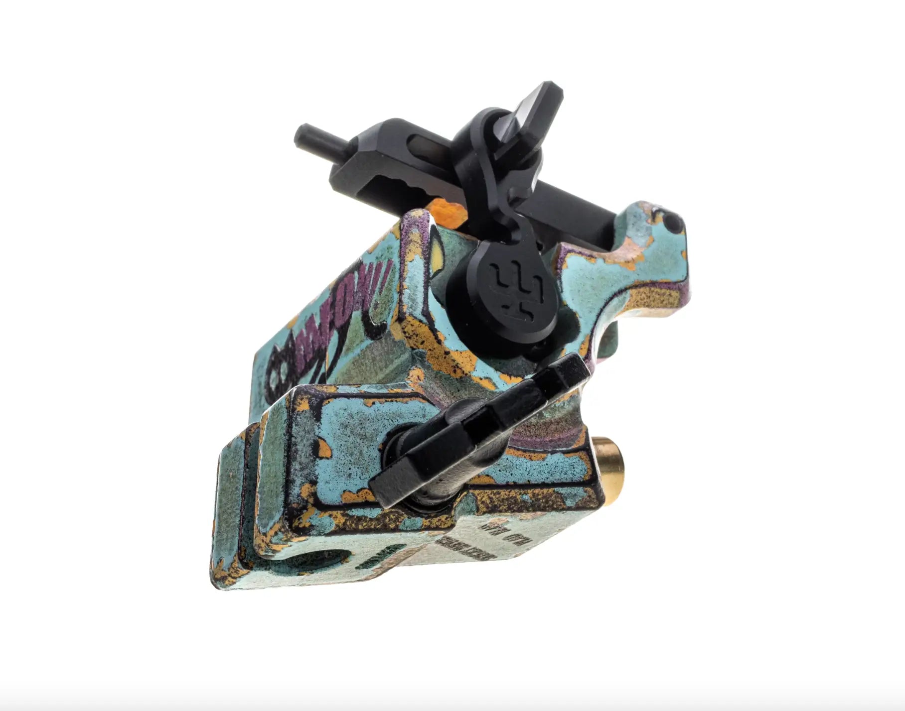 Vlads blad avenger 2 pro meow blaue Tätowiermaschine im türkis- und goldenen Graffiti-Stil mit schwarzen Kunststoffteilen