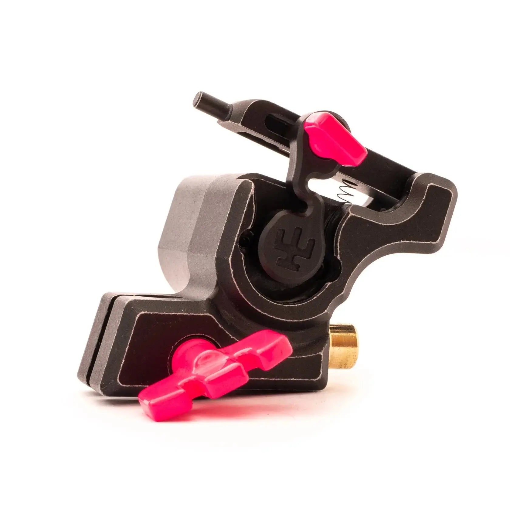 VLAD BLAD Avenger 2 Pro Tätowiermaschine in Schwarz mit lebendigen neonpinkfarbenen Kunststoffkomponenten und Messingfitting