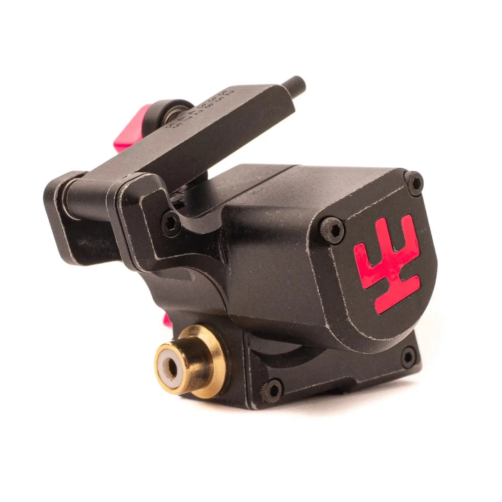 Schwarze Tätowiermaschine VLAD BLAD Avenger 2 Pro mit rotem Logo und goldenem Anschluss für präzise Arbeiten mit neonpinken Farben