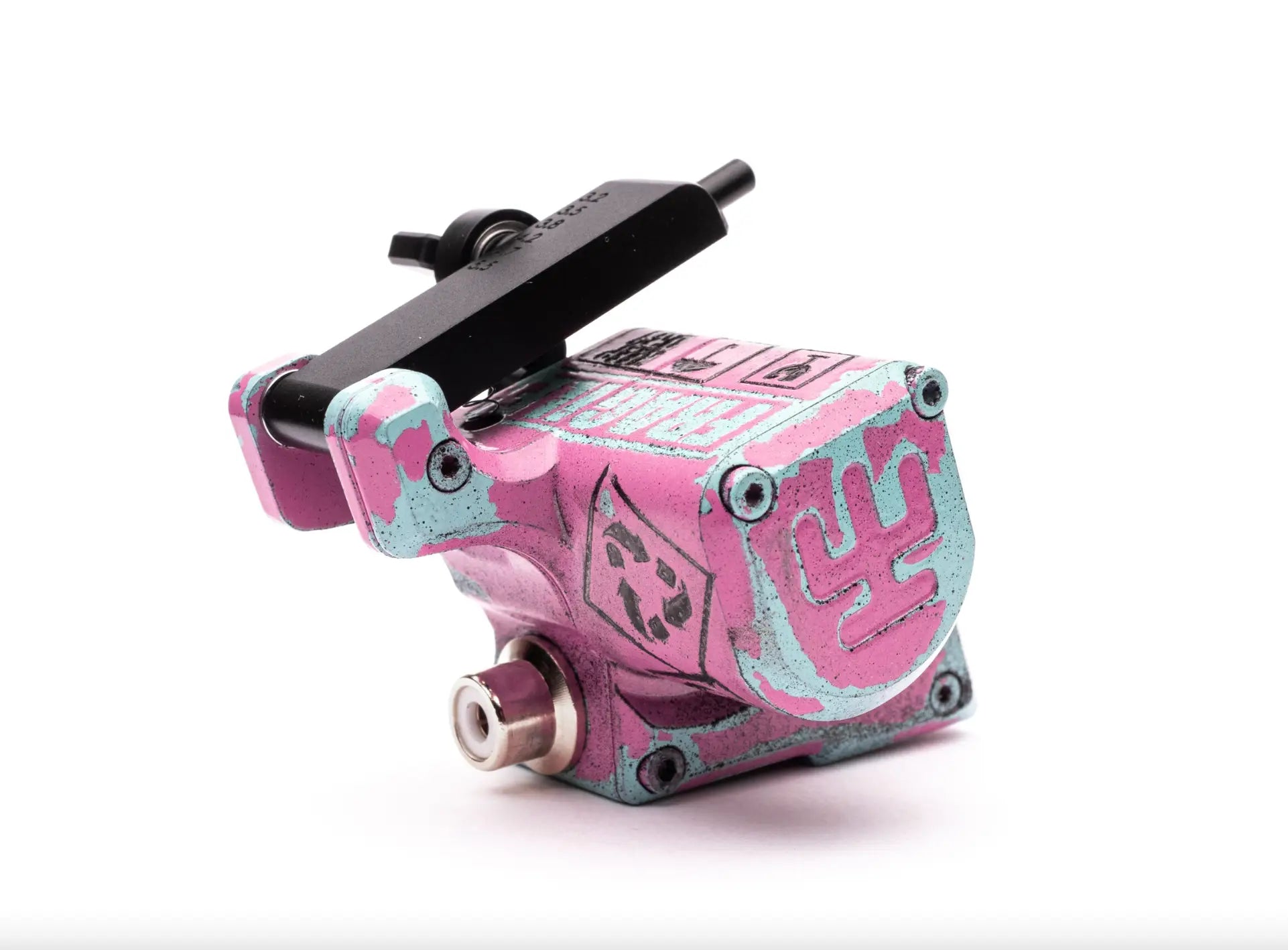 VLAD BLAD Avenger 2 Pro Tattoo-Maschine in Pink und Türkis mit Used-Look-Finish, schwarzem Griff und metallischen Akzenten