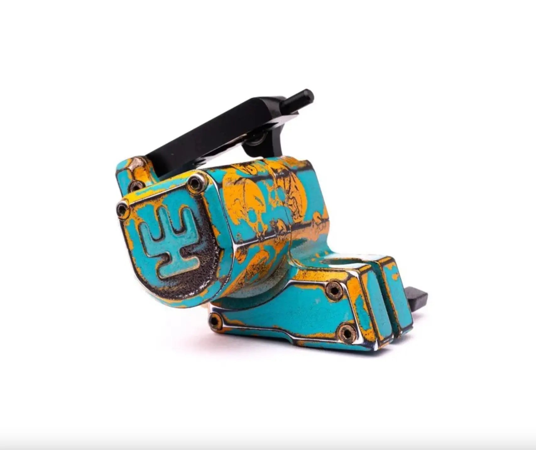 Lebhafte türkis- und goldfarbene Tätowiermaschine im Used-Look mit schwarzem Griff vladi blad avenger 2 pro skull blau orange von shpigel