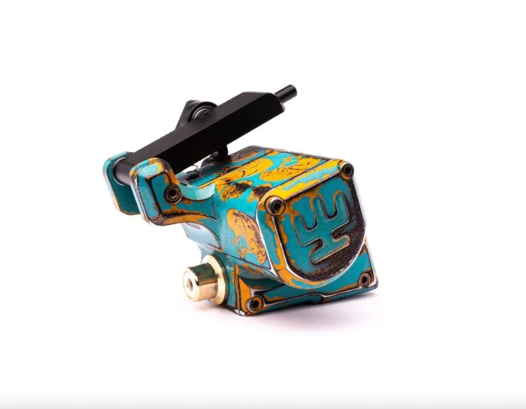 Türkise- und goldfarbene Tätowiermaschine mit schwarzem Griff und metallischen Akzenten, vladi blad avenger 2 pro skull blau orange
