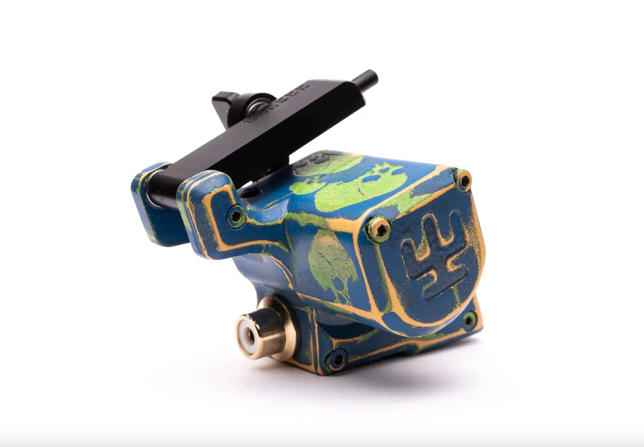Blue und grün VLAD BLAD Avenger 2 Pro Tattoo-Maschine mit Totenkopf-Motiven und goldenen Akzenten von Shpigel