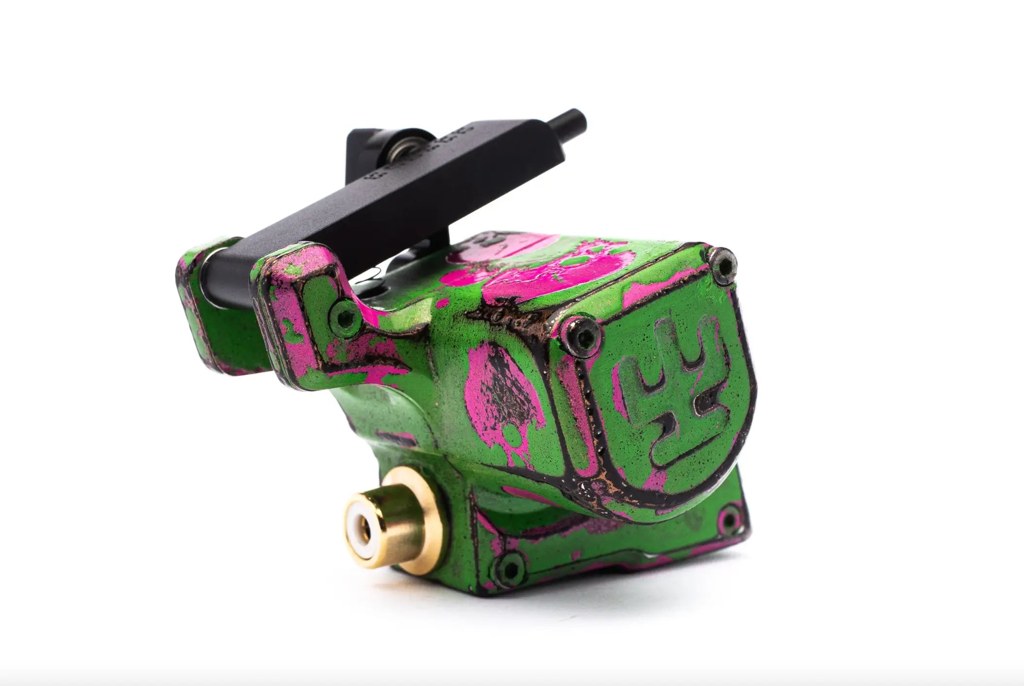 VLAD BLAD Avenger 2 Pro Tätowiermaschine im lebendigen Grün- und Pink-Graffiti-Stil mit schwarzem Griff und goldenem Anschluss