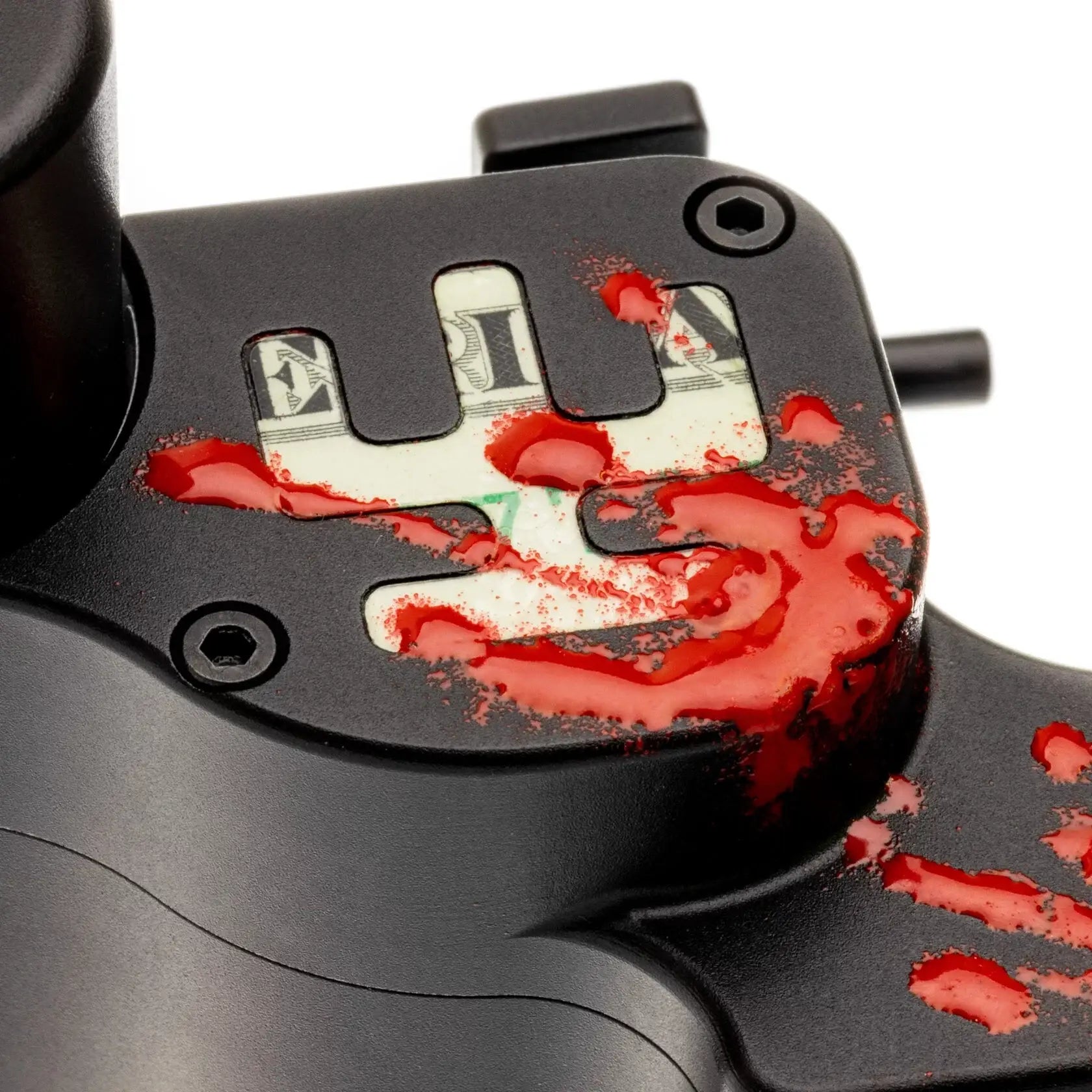 Schwarzer VLAD BLAD Avenger 4 Pro Gaming-Controller mit rotem Blutspritzer-Design und Dollar-Schein-Einsätzen
