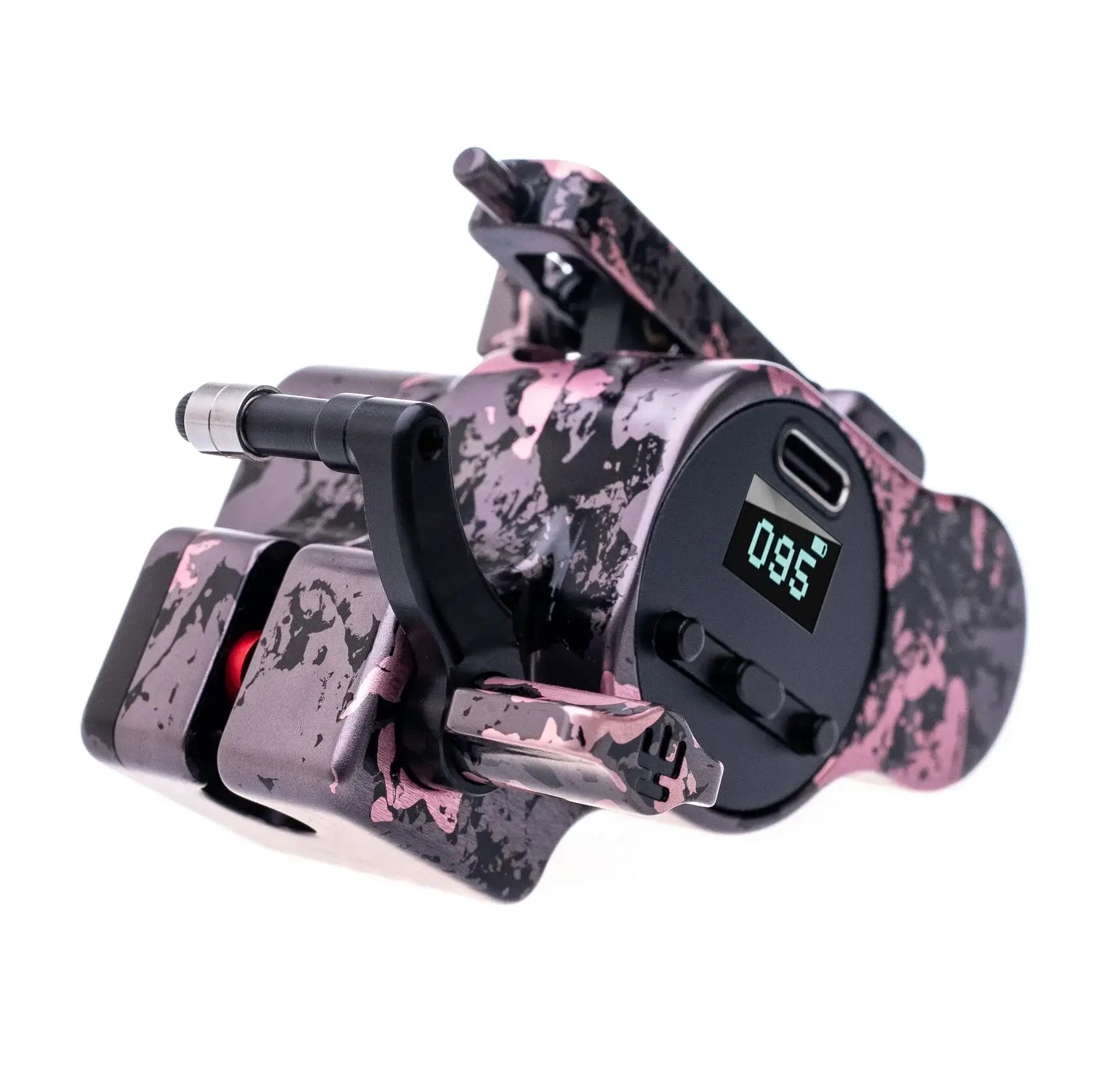 VLAD BLAD Avenger 4 Pro Camouflage-Tätowiermaschine in Grau und Rosa mit rosa-schwarzem Tarnmuster und digitaler Anzeige mit 095