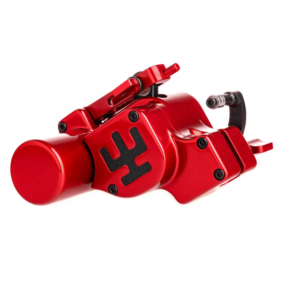 Rote Tätowiermaschine VLAD BLAD Avenger 4 Pro Cola Red mit schwarzen Akzenten und stilisiertem Logo auf dem Gehäuse