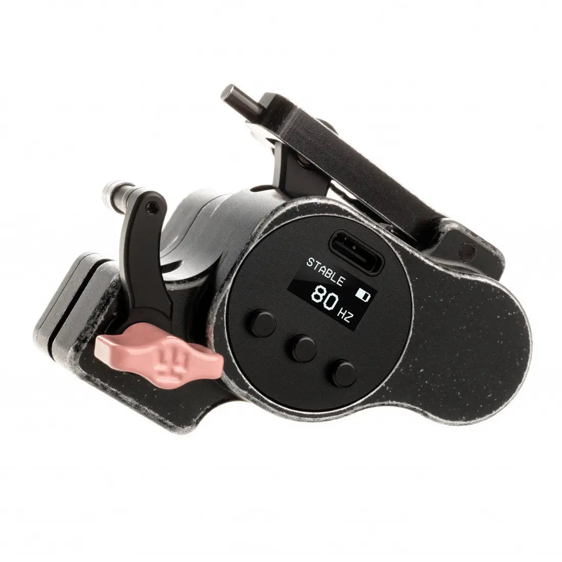 Schwarzer motorisierter Kamerastabilisator VLAD BLAD Avenger 4 Pro Cyber Scars in Babyrosa mit Digitalanzeige und rosa Drehknopf