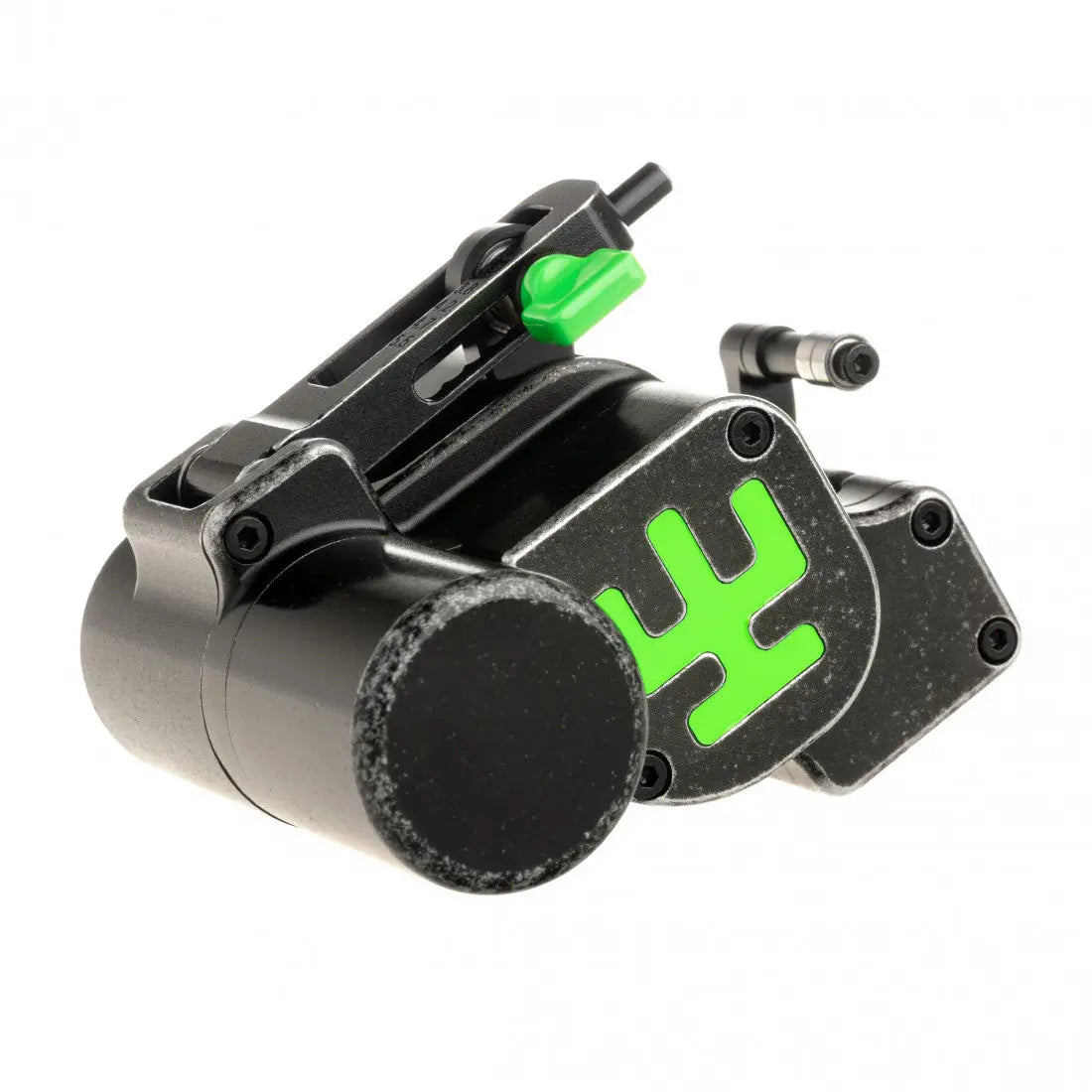 Black VLAD BLAD Avenger 4 Pro Tätowiermaschine mit leuchtend neongrünem Logo und Akzentknopf für den professionellen Einsatz