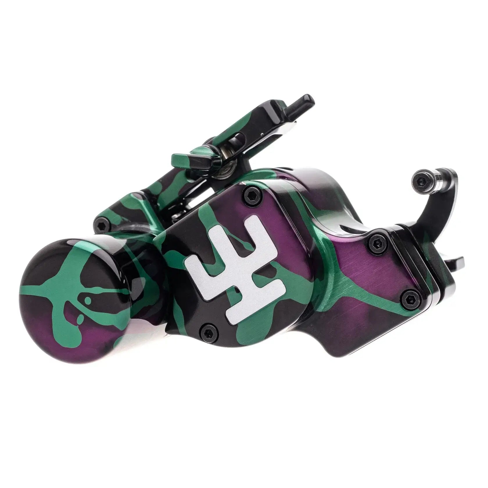 alt
Eine elegante, moderne Tätowiermaschine VLAD BLAD Avenger 4 Pro mit glänzendem lila und grünem Camouflage-Finish und schwarzen Akzenten