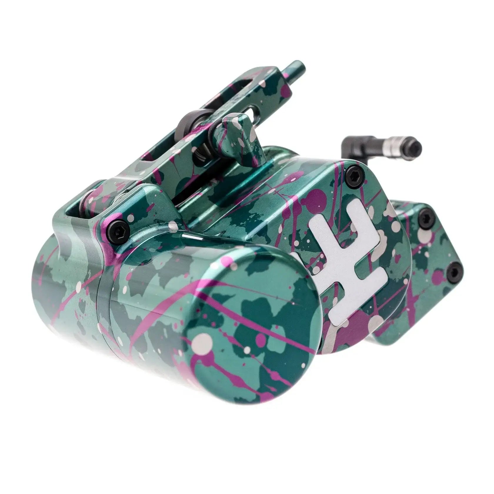 alt
Türkis- und magentafarbene, spritzlackierte vladi blad avenger 4 pro Tattoo-Maschine mit weißem Logo im Seafoam-Dream-Design