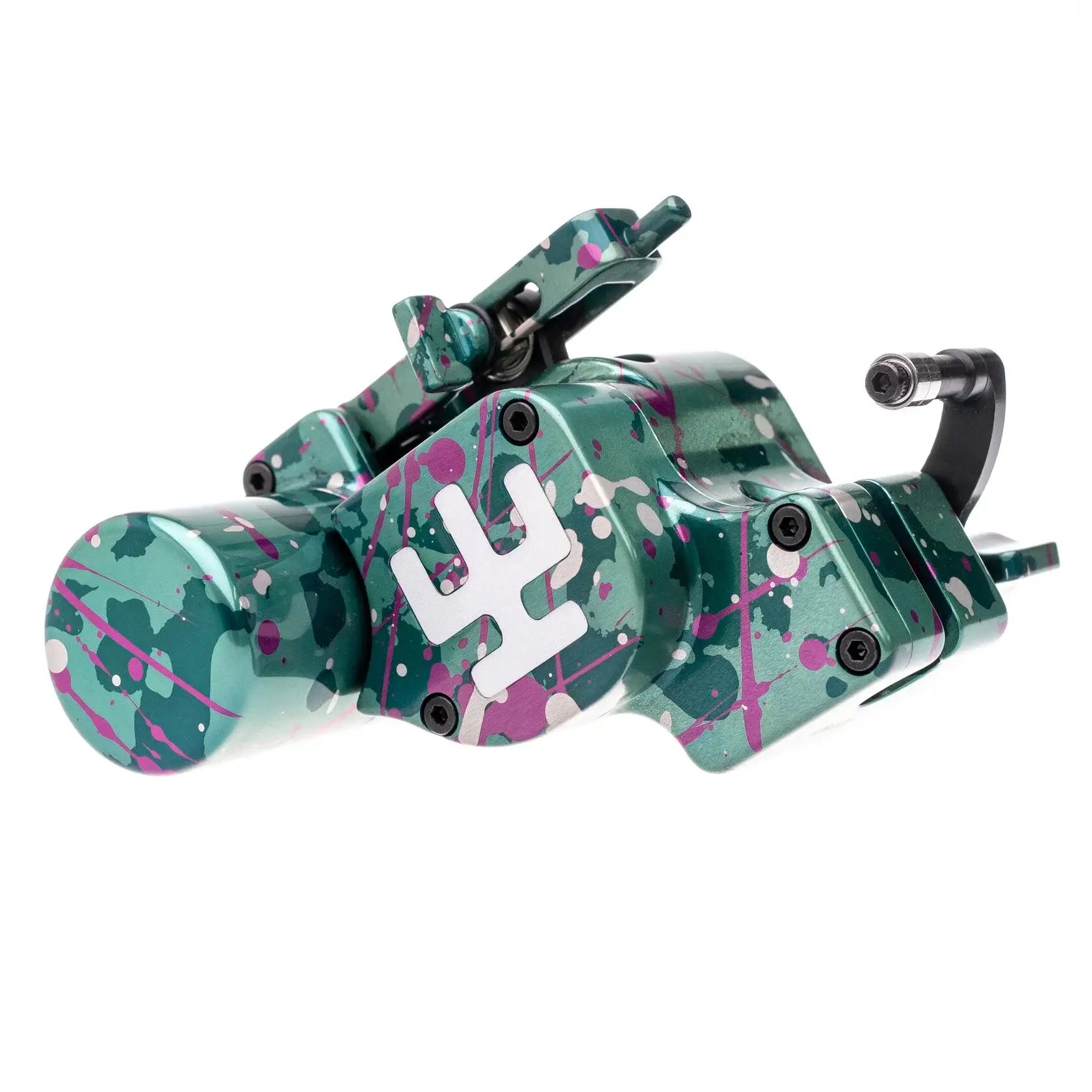 Teal- und pinkfarbene, gespritzte VLAD BLAD Avenger 4 Pro Tätowiermaschine mit weißem Logo im Seafoam-Dream-Farbschema