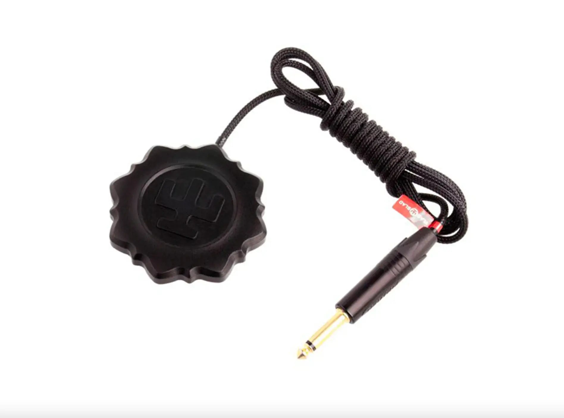Vladi blad borneo footswitch small black textured circular device with embossed logo and gold tipped 6.35mm audio jack