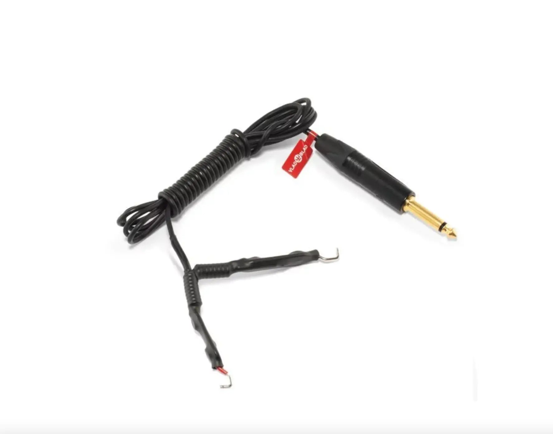 Schwarzes gewickeltes VLAD BLAD-Clipcord-Ultralight-Kabel mit vergoldetem 6,35mm-Klinkenstecker und offenen Drahtenden mit rotem Etikett