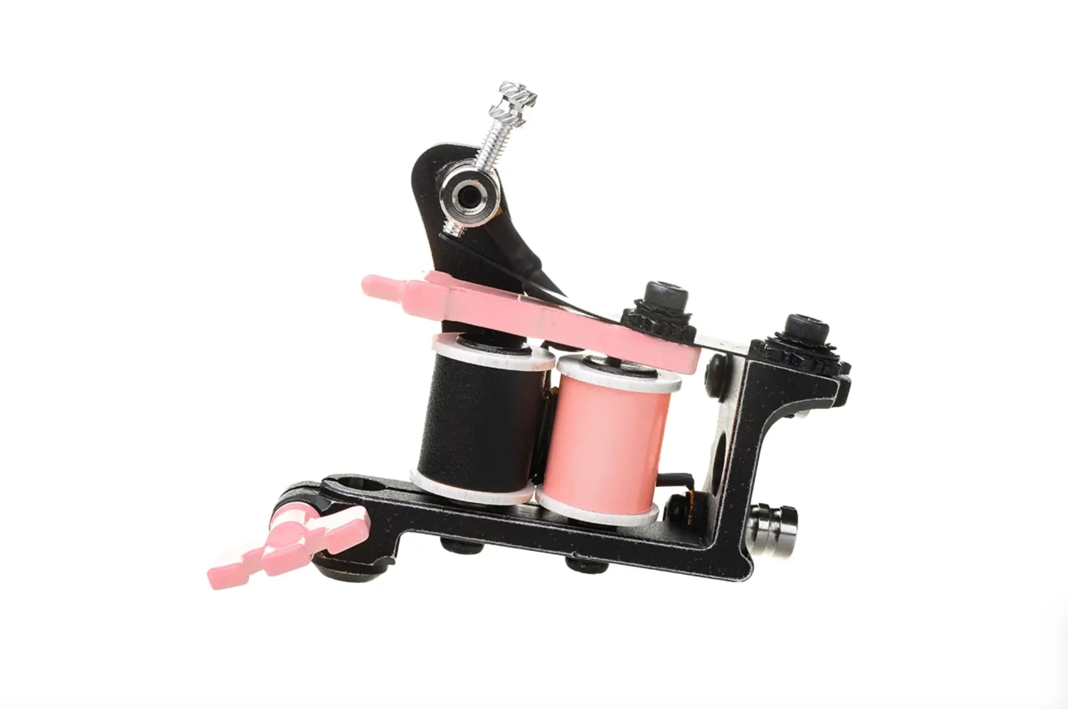 Schwarze Tätowiermaschine mit pinken Akzenten und doppelten Spulen für präzises Spulenpacken in VLAD BLAD Blacker Packer Air