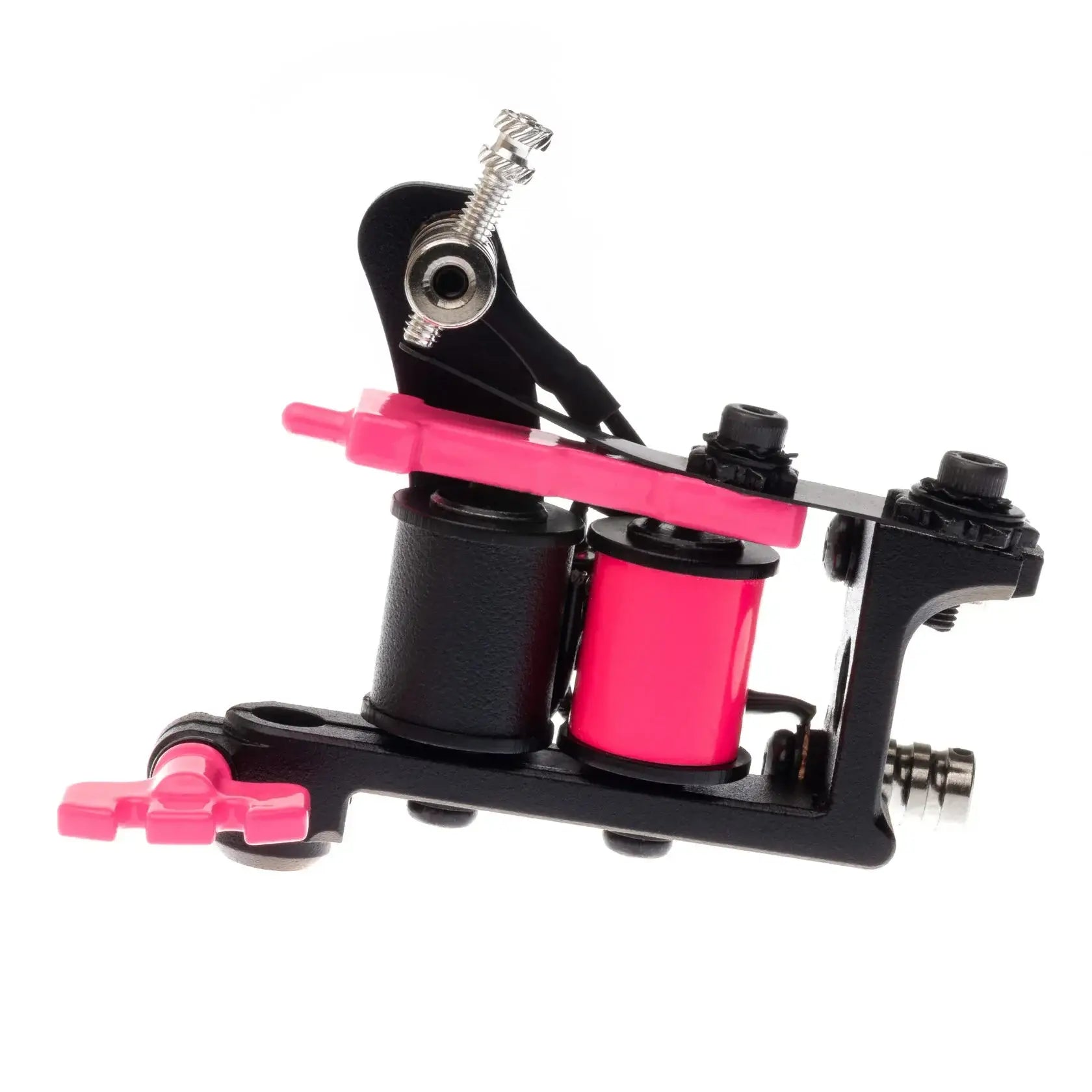 Schwarze und pinke VLAD BLAD Spulen-Tätowiermaschine mit schlankem, modernem Design und metallischen Akzenten für professionelle Verpackung