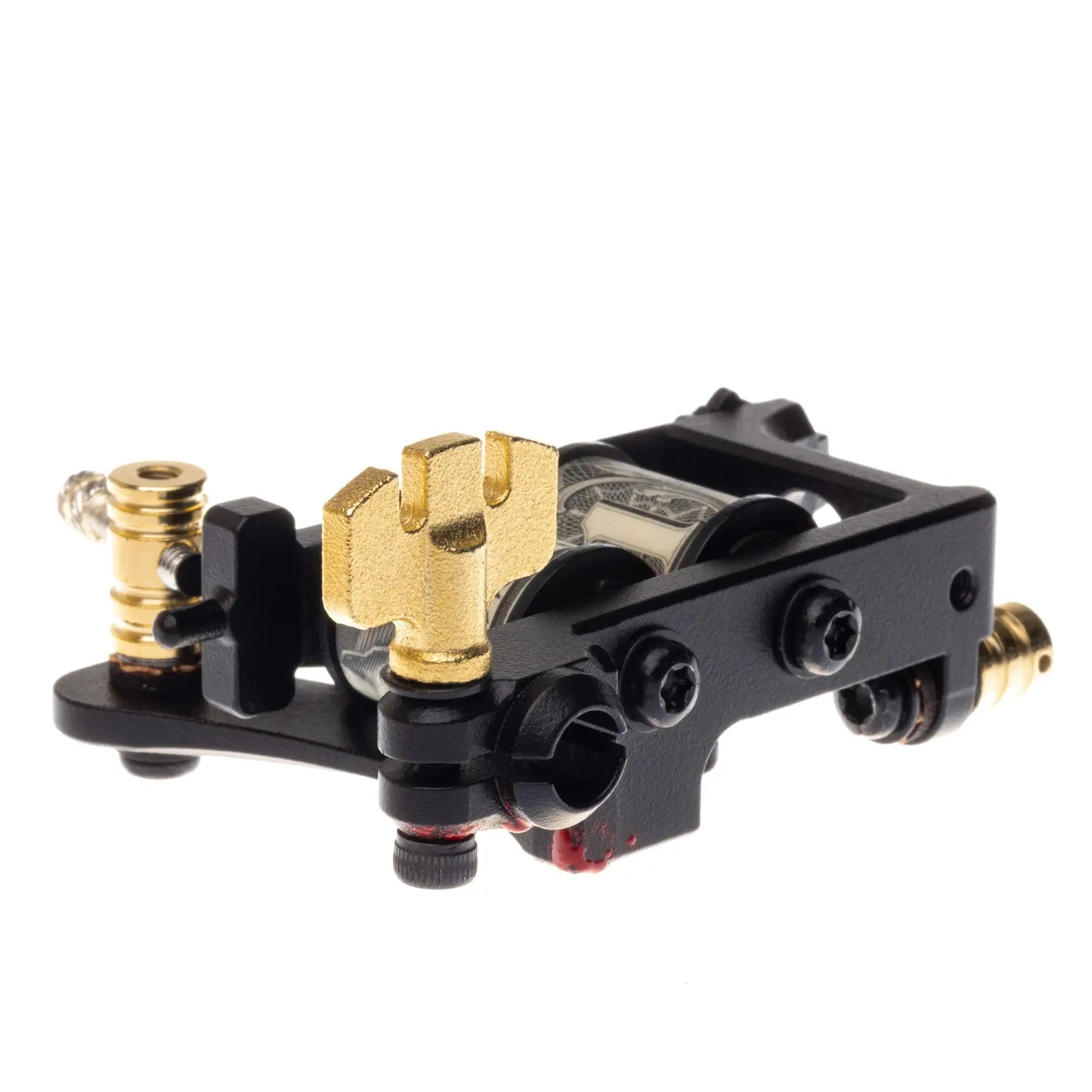 VLAD BLAD Coil-Tätowiermaschine in Schwarz und Gold mit Messingbeschlägen und verstellbaren Komponenten für präzises Packing