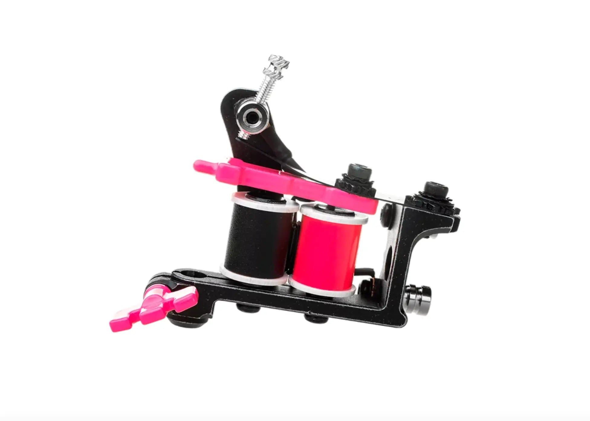 Vlad Blad Coil Blacker Packer Air Tätowiermaschine in Schwarz und Pink mit roten cartridges und Farben für den professionellen Einsatz