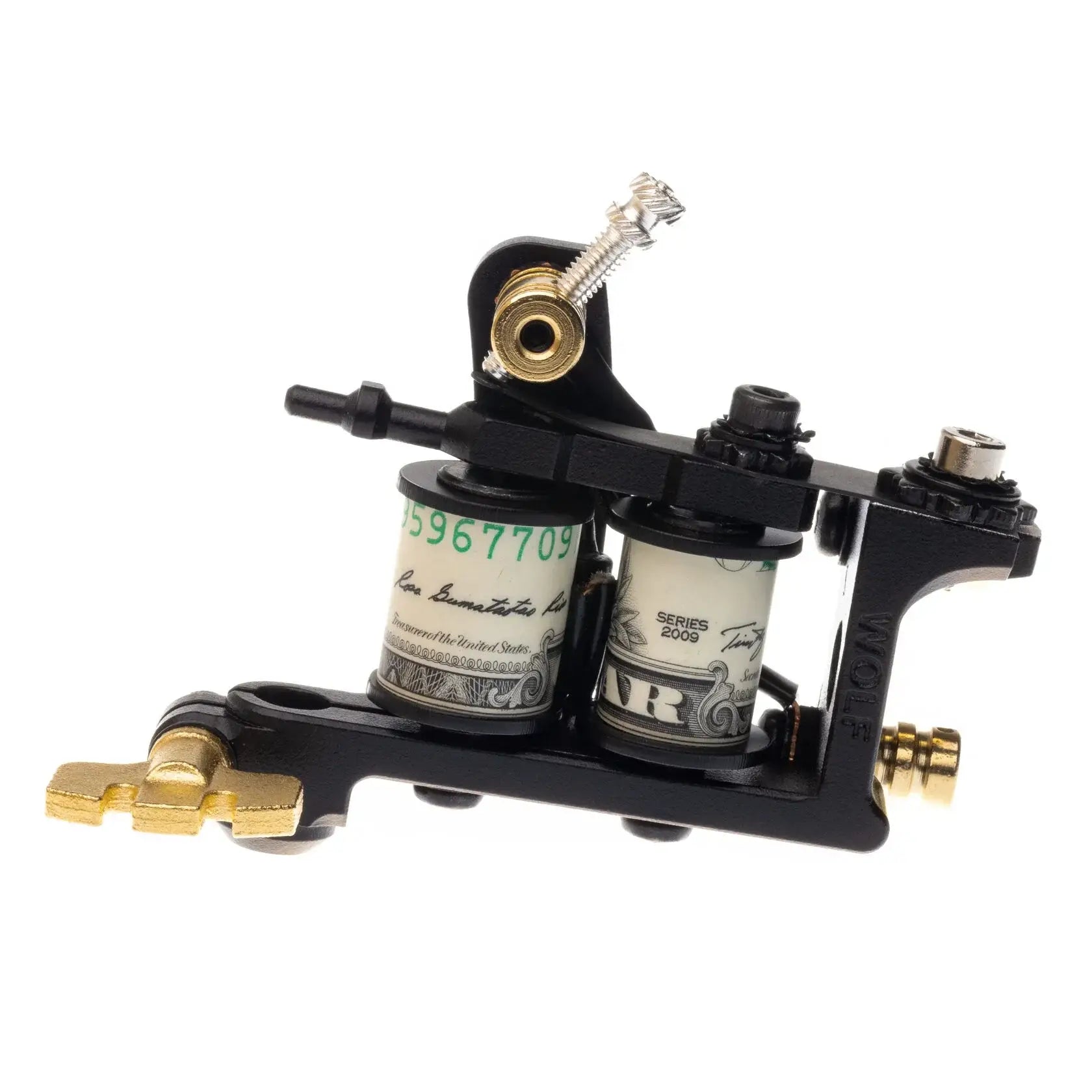 alt
Schwarz-goldene VLAD BLAD Coil-Tätowiermaschine mit Dollar-Noten-CARTRIDGES, für feine Linierarbeiten und Air Blood Money-Einsatz