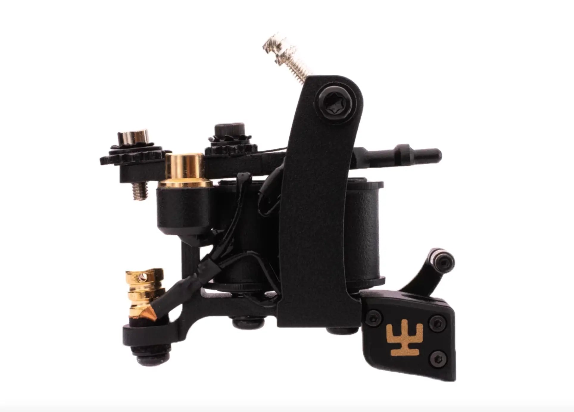 Schwarze VLAD BLAD Coil-Fineliner-Pro-Tätowiermaschine mit goldenen Akzenten und markantem Logo auf dem Fußpedal