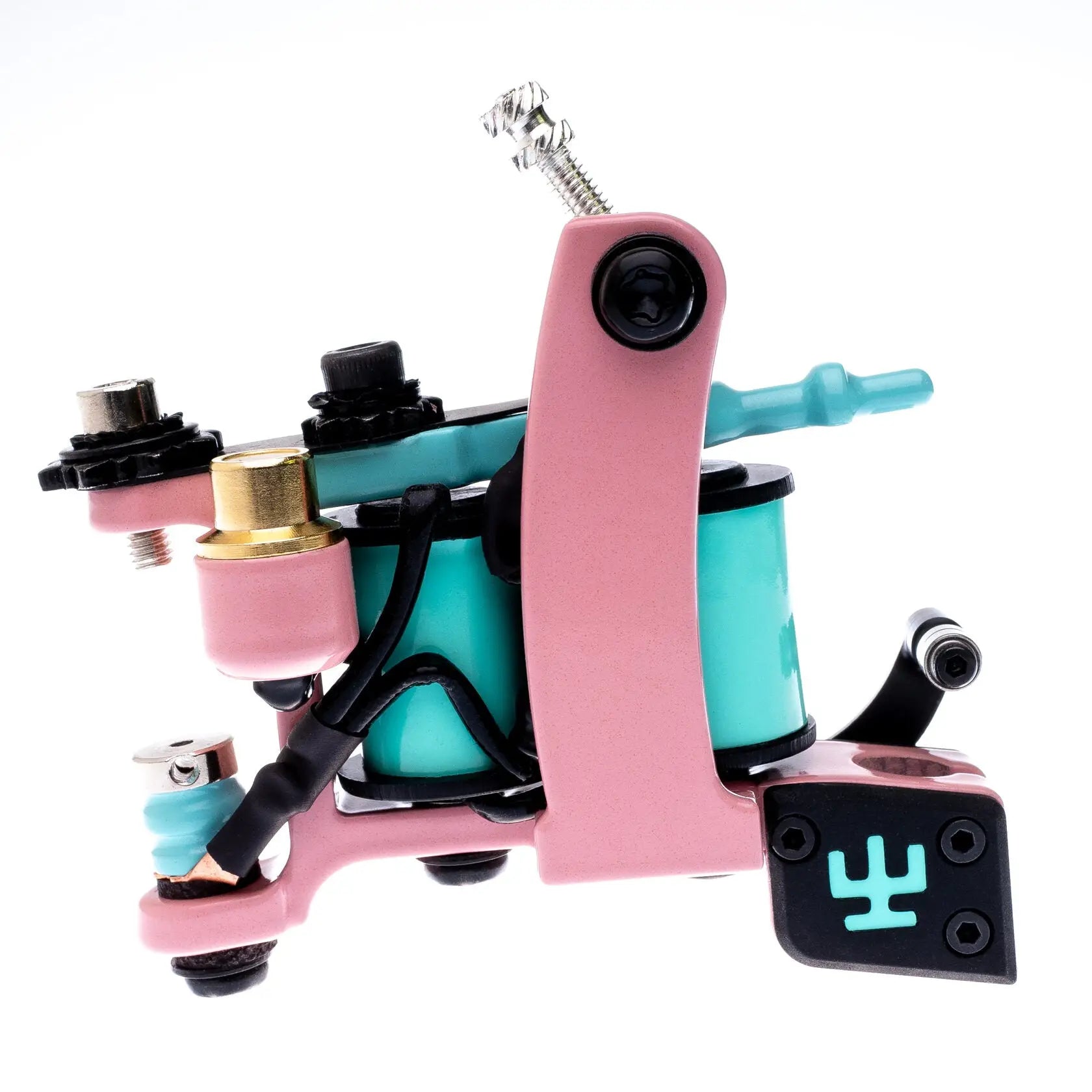 VLAD BLAD Coil Fine Liner Pro Tattoo-Maschine in Bubblegum-Pink und Türkis mit schwarzen Akzenten und leuchtendem türkisfarbenem Logo