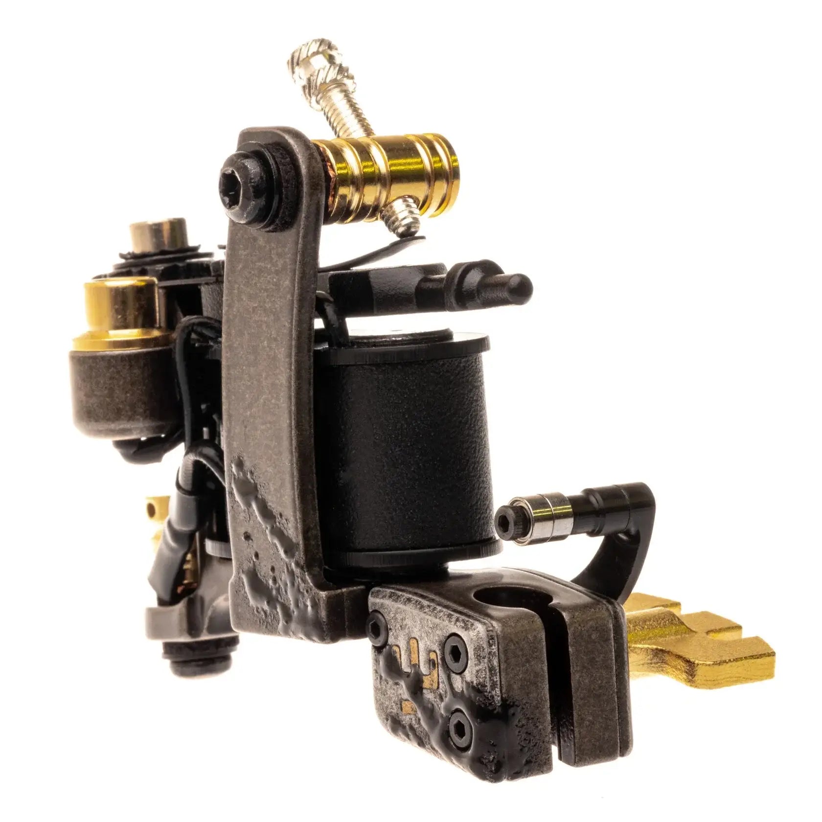 Schwarze und goldene Coil-Tätowiermaschine VLAD BLAD Fine Liner Pro mit robustem industriellem Design in Petroleum-Optik