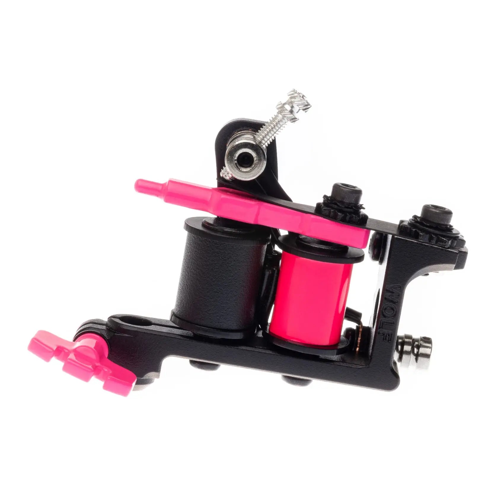 Schwarze und pinke Vladi Blad Coil-Tätowiermaschine mit elegantem, modernem Design und metallischen Akzenten für den unendlichen Liner-Air-Einsatz