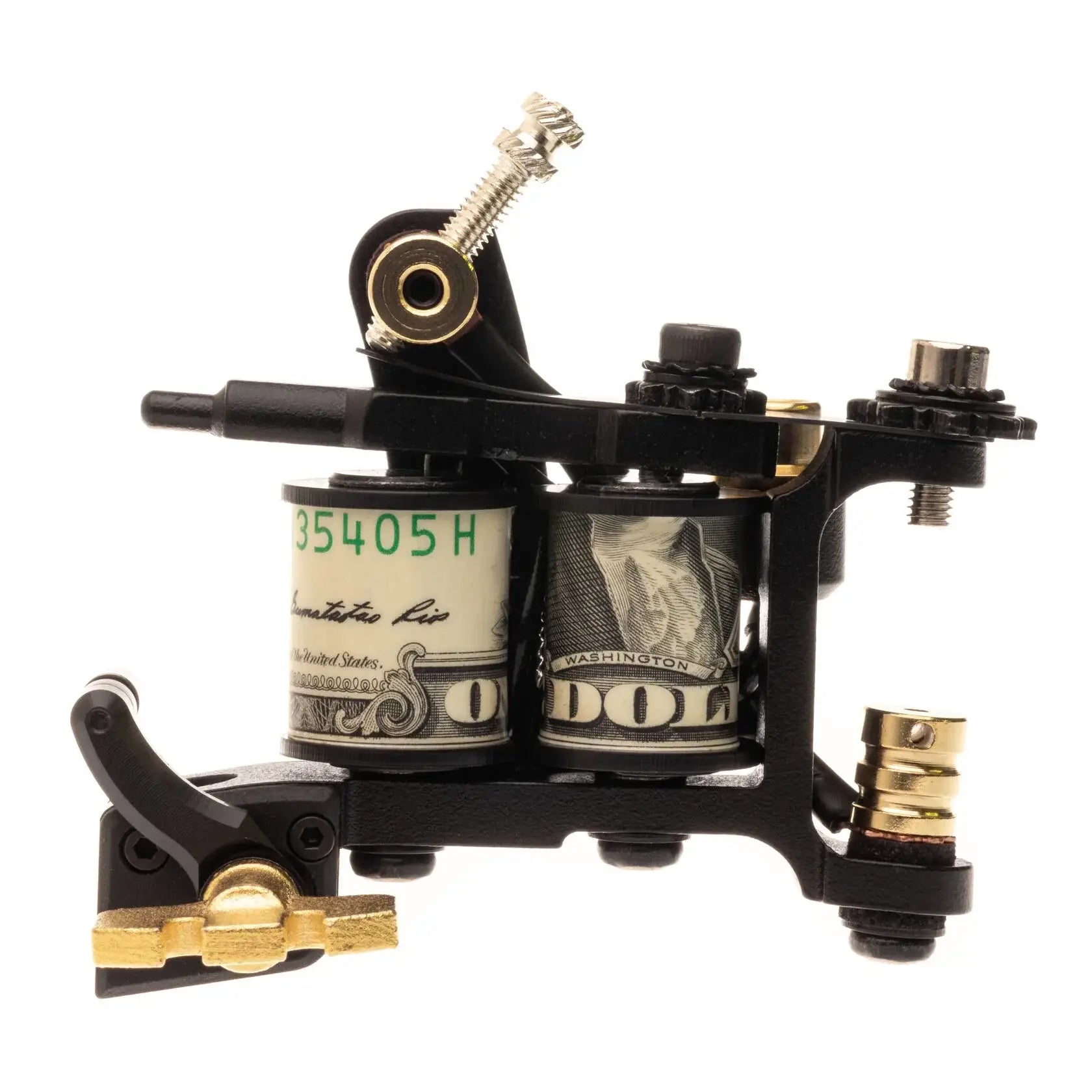 Schwarze und goldene VLAD BLAD Coil-Tätowiermaschine mit um die Spulen gewickelten Dollarnoten für Infinite Liner Pro Blood Money