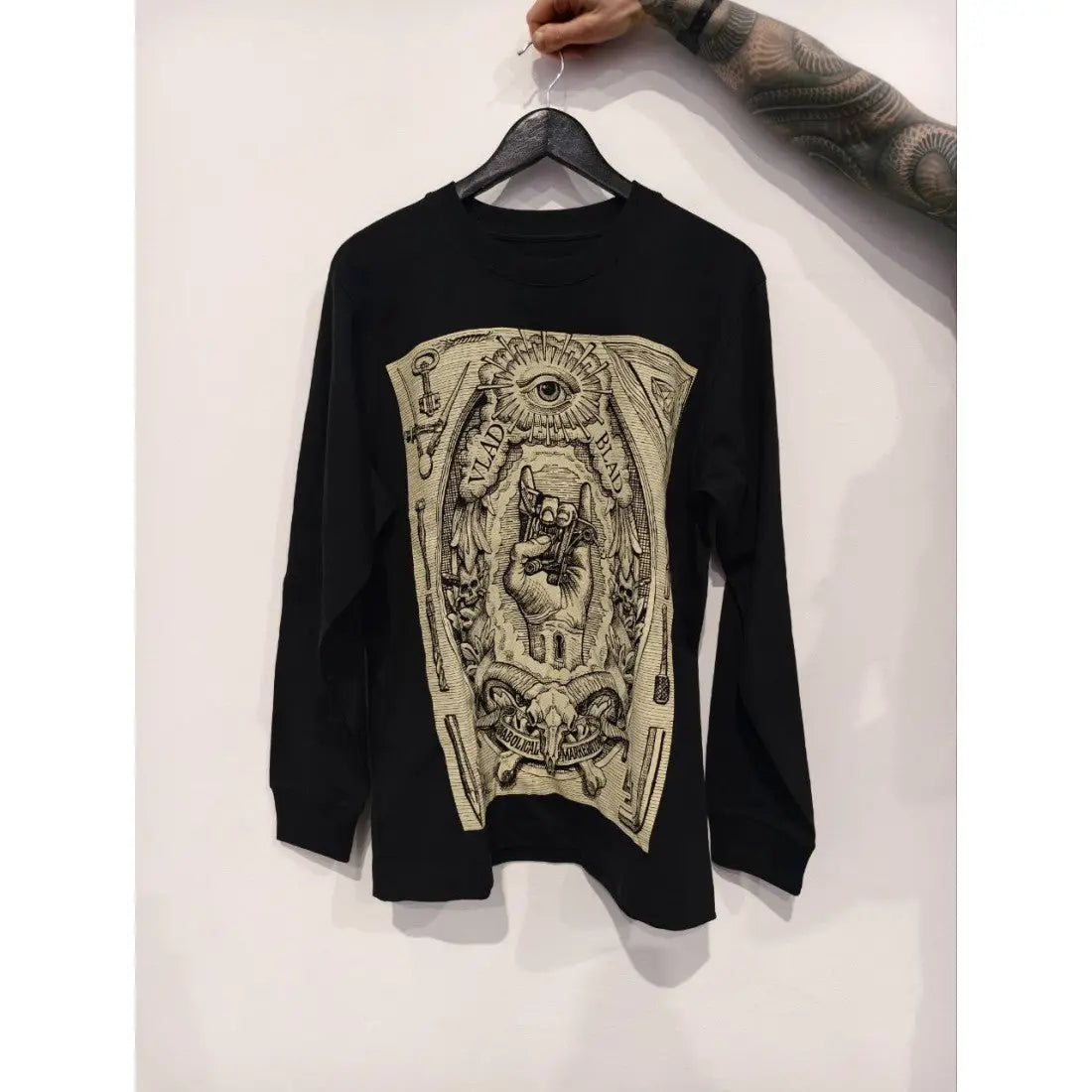 Vlad blad long-sleeve cotton tee in black with detailed beige graphic of eye hand gesture and ornate design