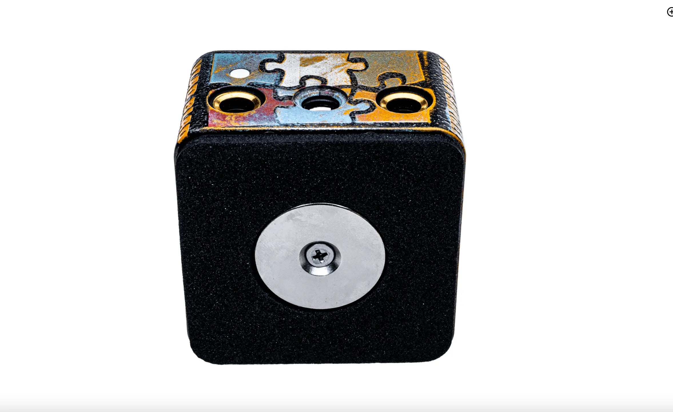 Black cube-shaped fidget toy VLAD BLAD PowerBox 5 Pro by Sergey Shpigel with textured surface and colorful puzzle cutouts