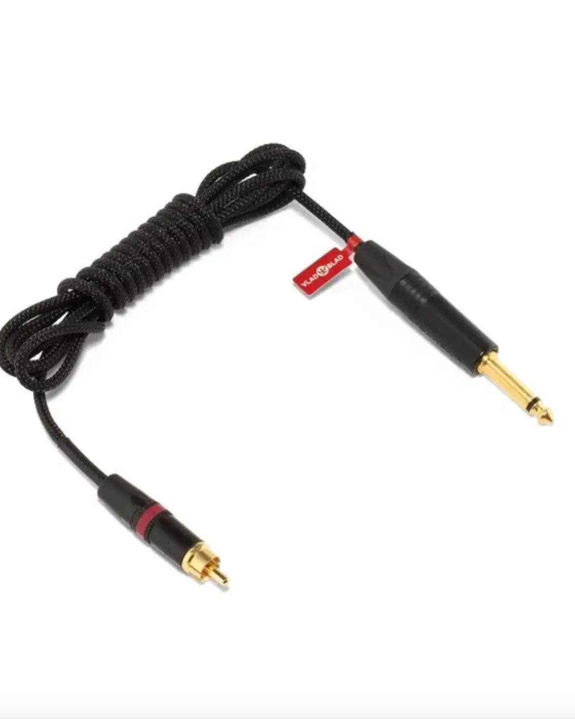 Black braided VLAD BLAD RCA ultralight armor audio cable with gold-plated RCA and 6.35mm phone connectors and red tag