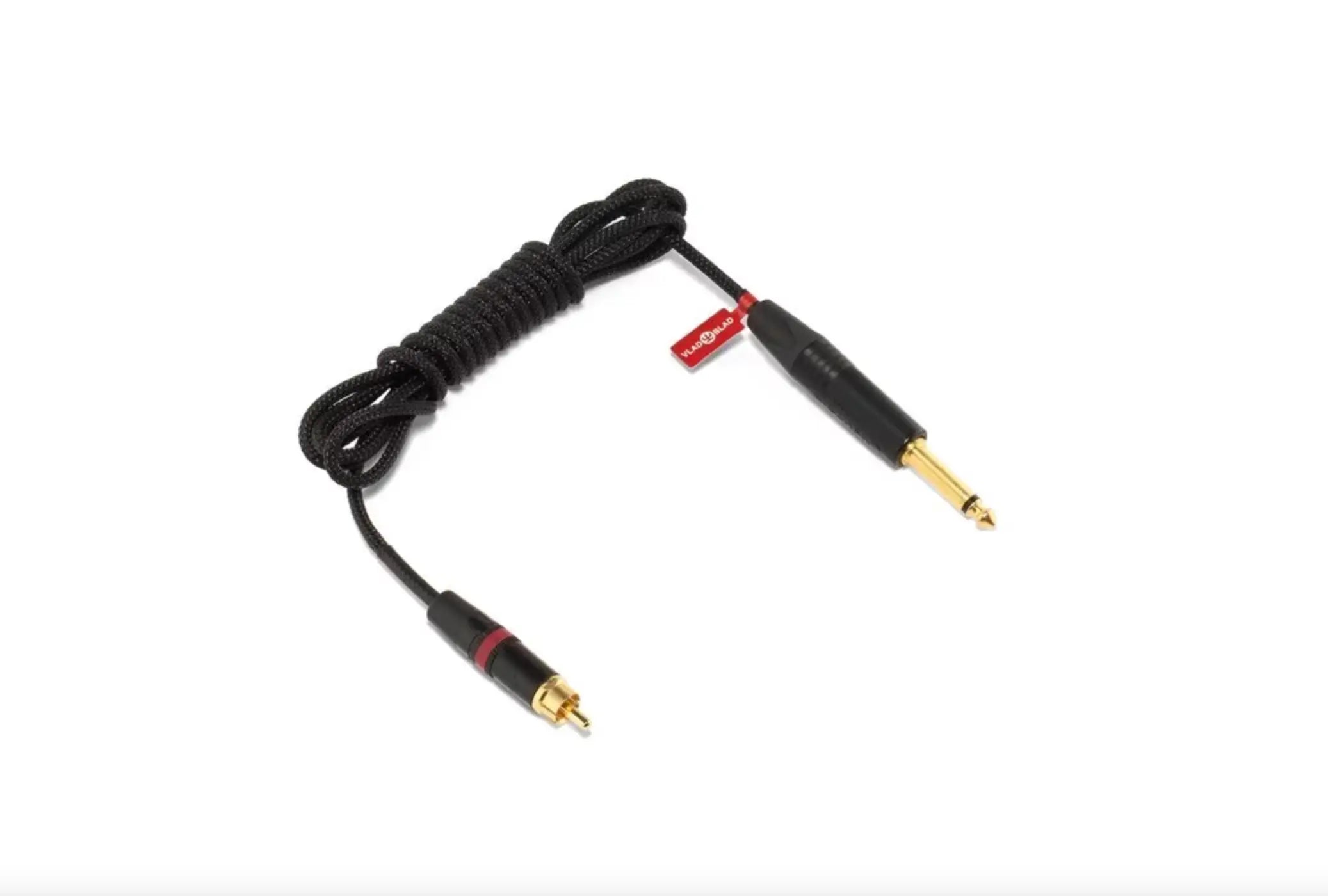 Black braided VLAD BLAD RCA ultralight armor audio cable with gold-plated RCA and 6.35mm phone connectors and red tag