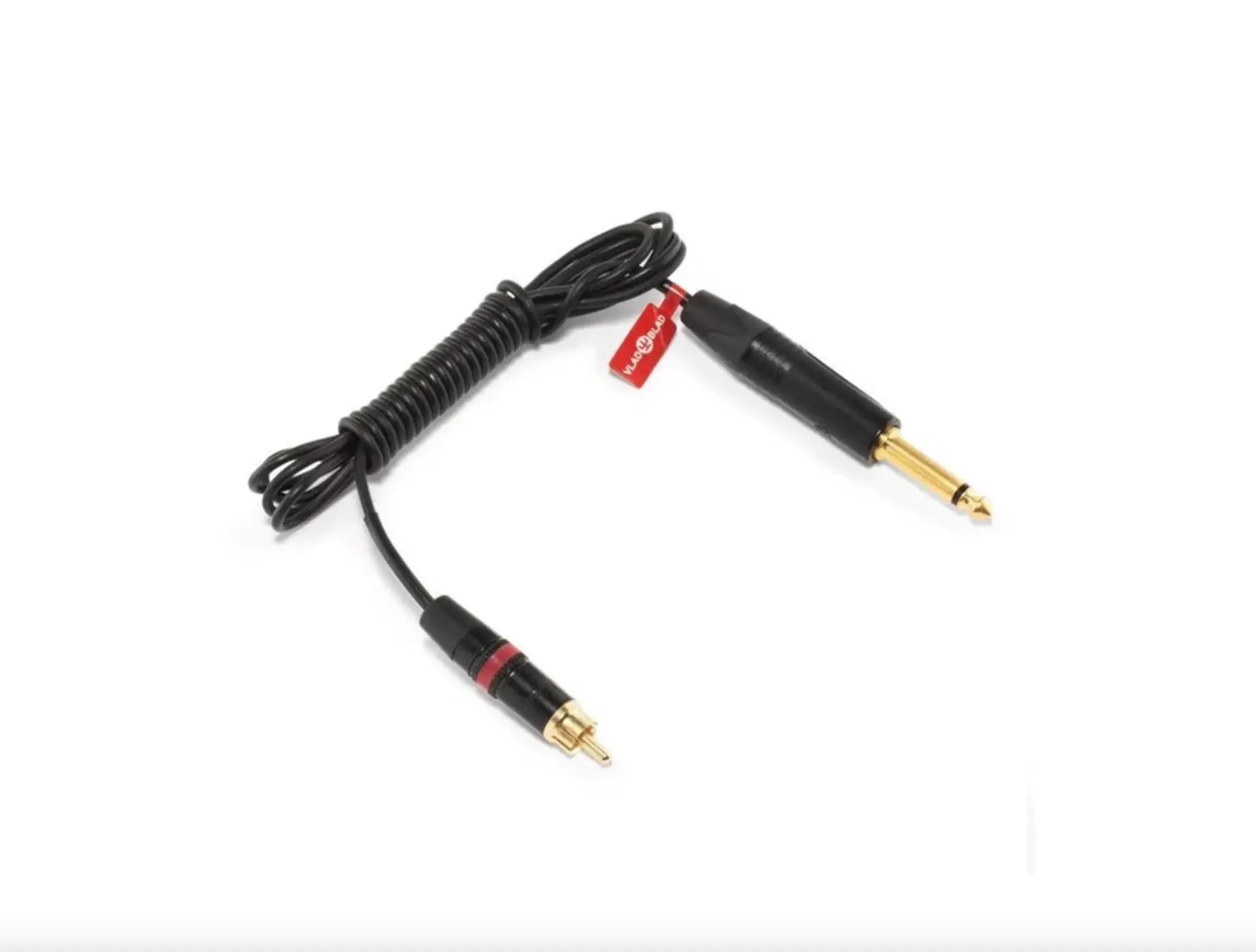 Vlads blad rca ultralight black coiled audio cable with gold-plated rca and 6.35mm phone connectors and red tag