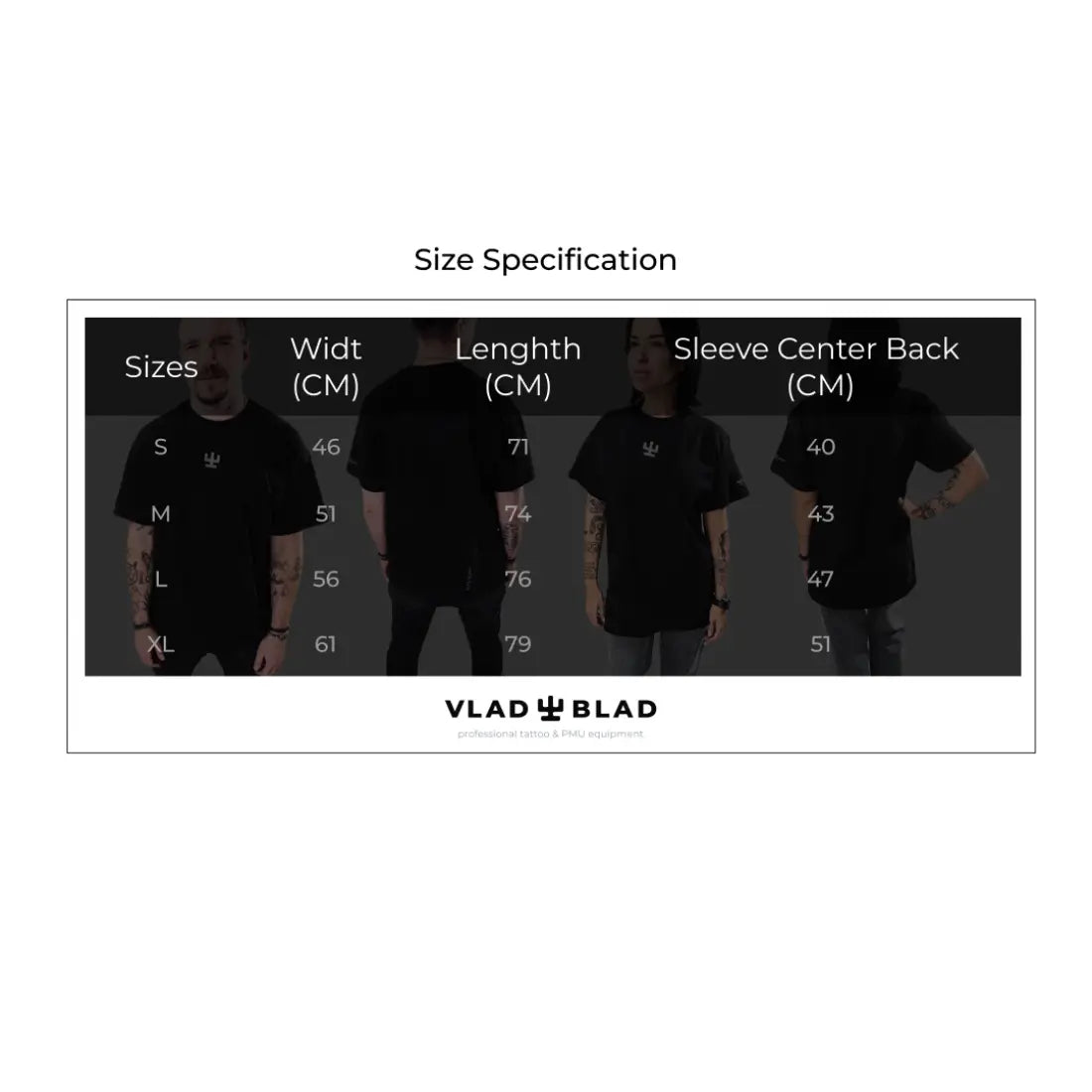 Black VLAD BLAD t-shirt with small white chest logo shown in various sizes on four models