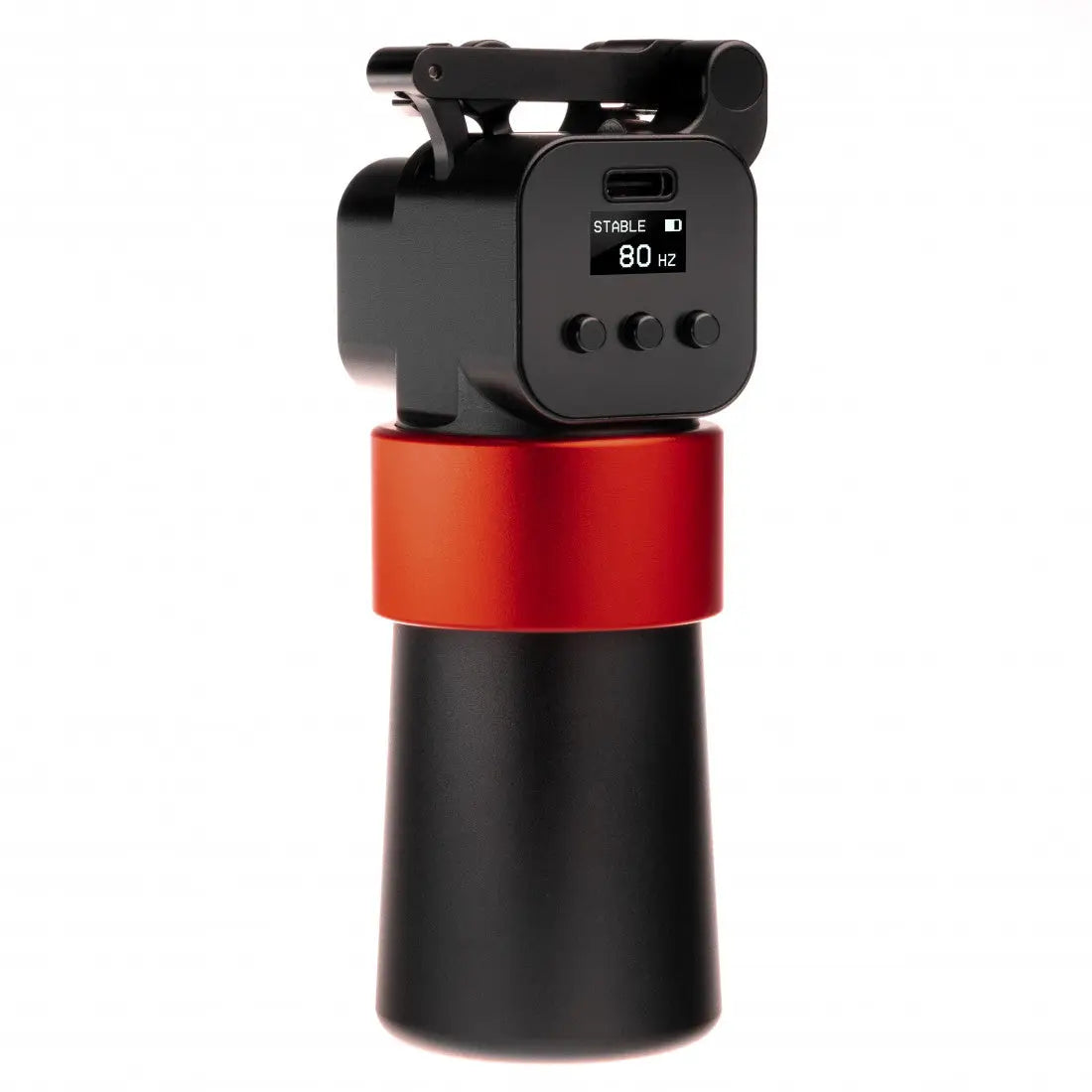 Schwarzes und rotes Kamera-Stabilisierungs-Gimbal mit digitalem Display, das stabile 80 Hz im VLAD BLAD Ultron 4 Pro Blackfire anzeigt