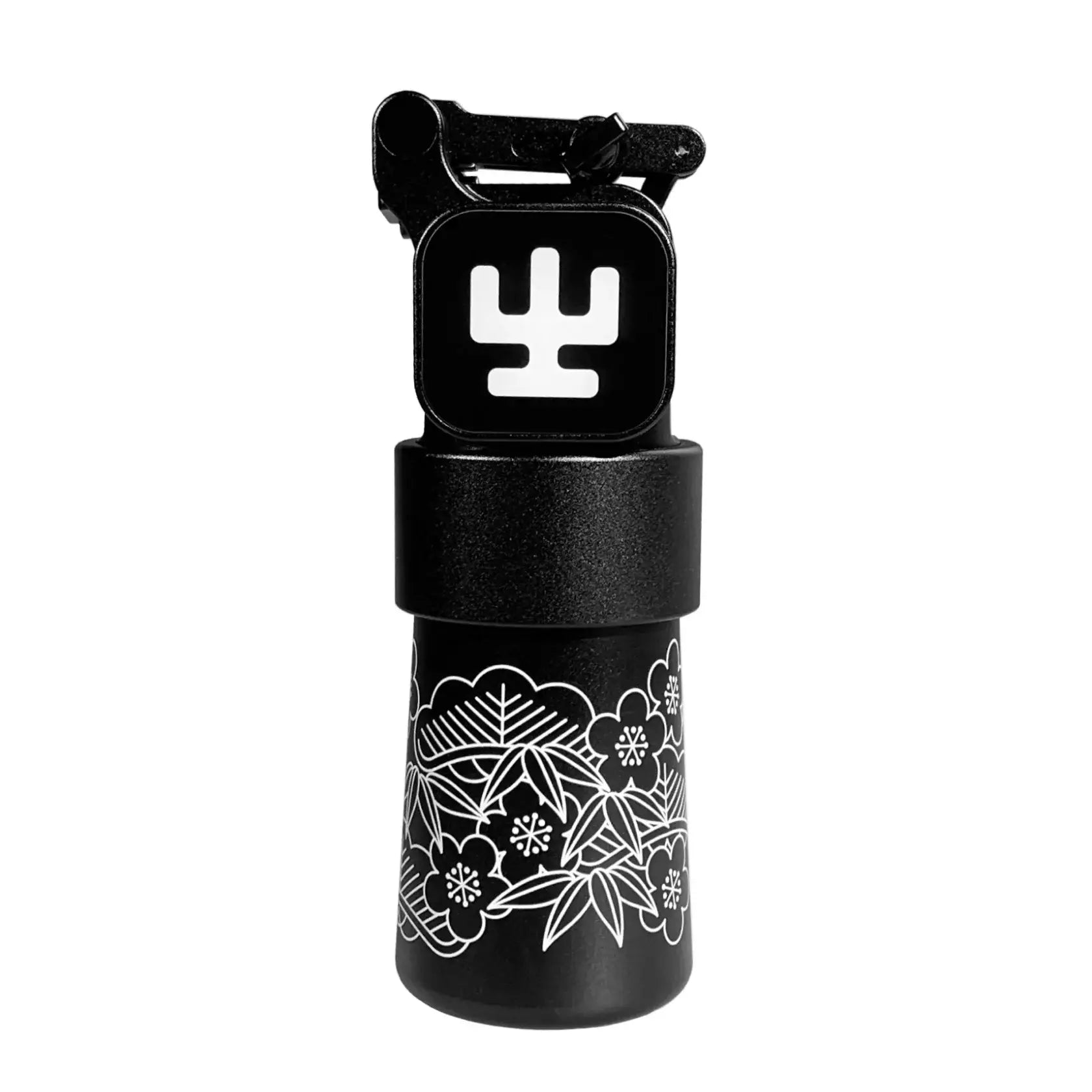 alt
Vladi blad ultron 4 pro schwarze zylindrische Wasserflasche mit weißen floralen Blattmustern und schwarzem Deckel mit weißem Logo