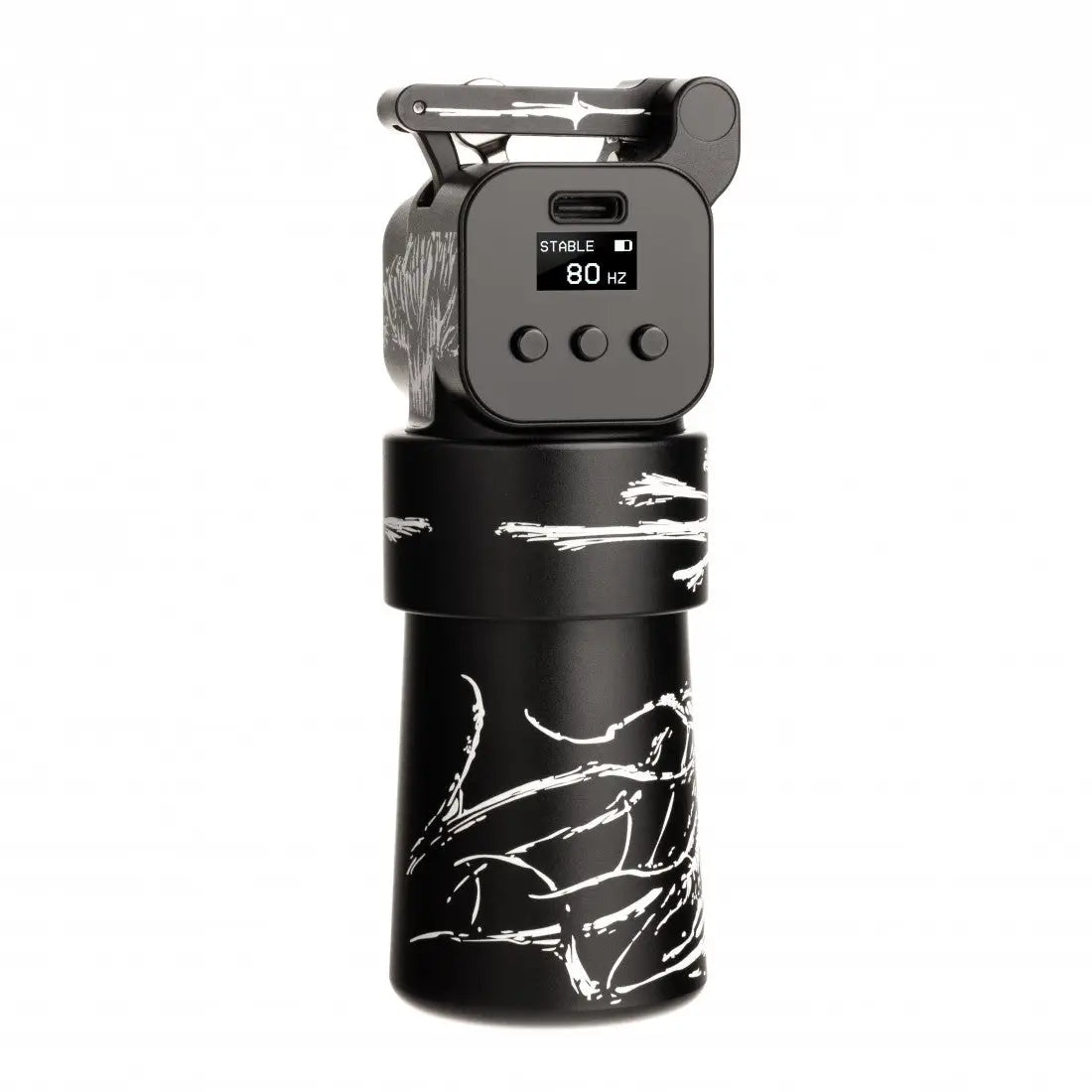 Schwarz-weiße VLAD BLAD Ultron 4 Pro CH2 Tattoo-Maschine mit digitalem Display, das auf dem oberen Bedienfeld stabile 80 Hz anzeigt