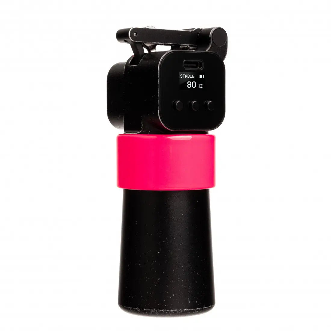 Schwarzer und leuchtend pinker VLAD BLAD Ultron 4 Pro CSNP Gimbal-Stabilisator mit digitaler Anzeige, die den Stabilisationsstatus zeigt