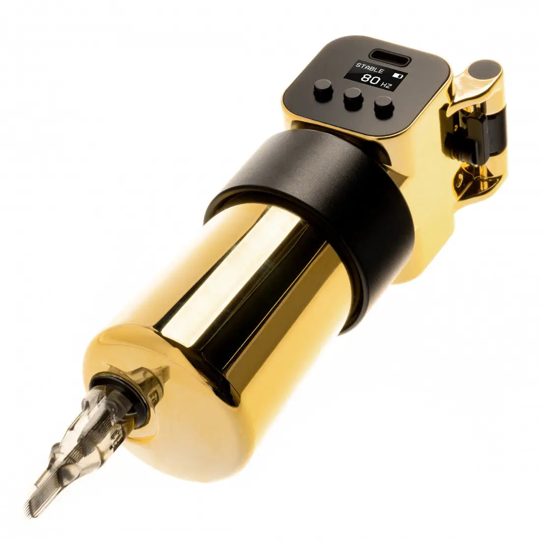 Goldfarbene, elegante, moderne VLAD BLAD Ultron 4 Pro Tattoo-Maschine mit schwarzem digitalem Display, das stabile 80 Hz anzeigt