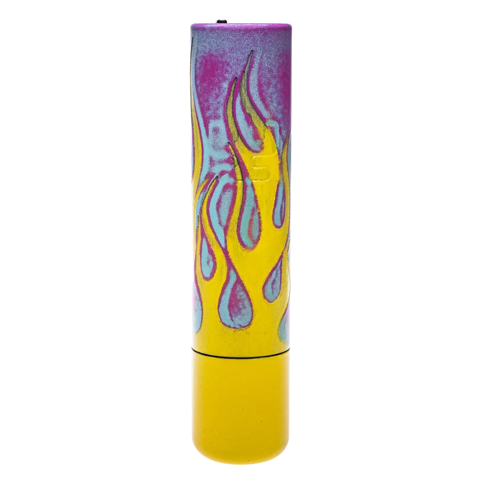 Vibrant yellow and purple flame-patterned cylindrical lip balm tube with glossy finish by VLAD BLAD Ultron 4 Sergey Shpigel