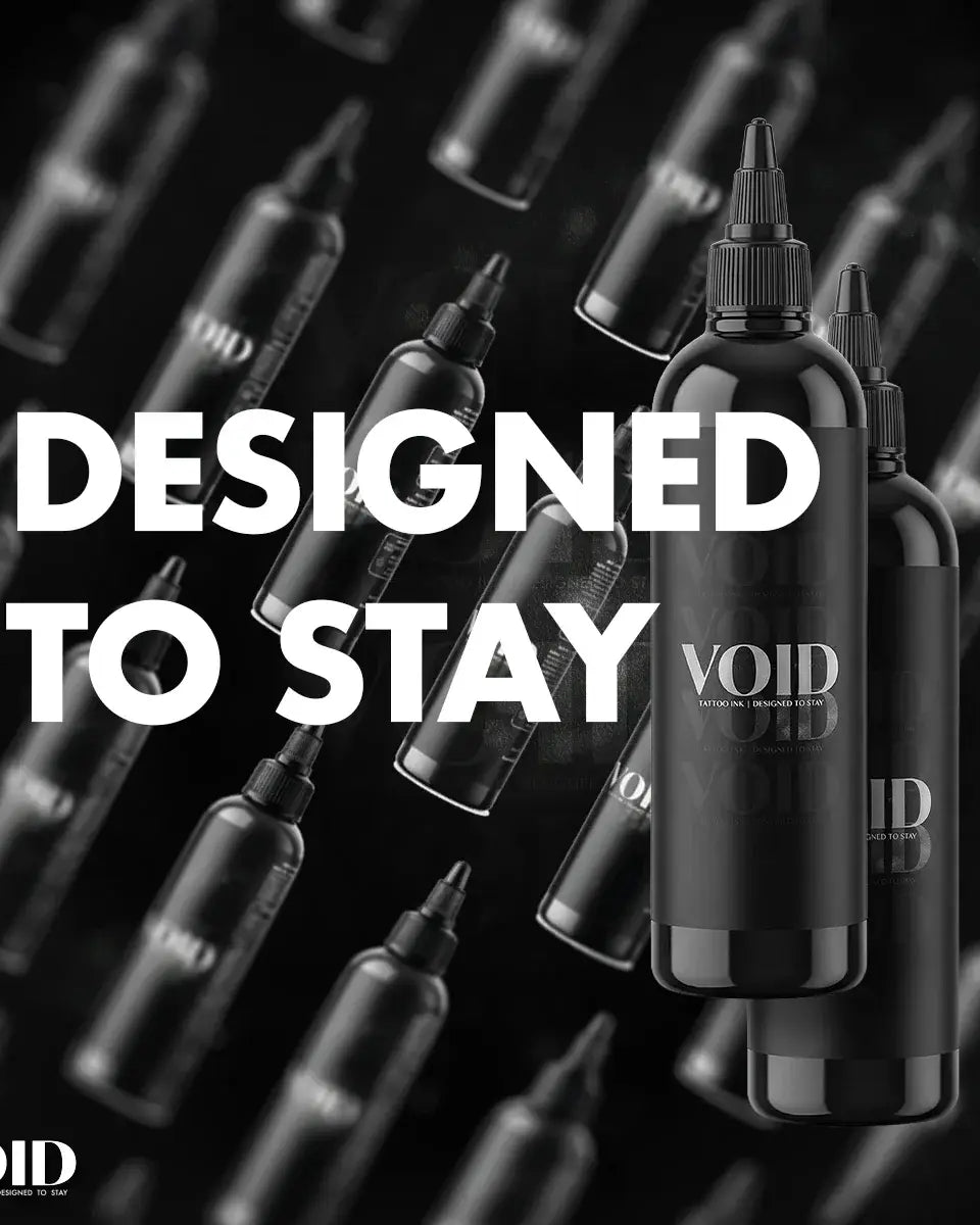 Black tattoo ink bottles by void featuring pigment structure in 200 ml plastic containers with black caps