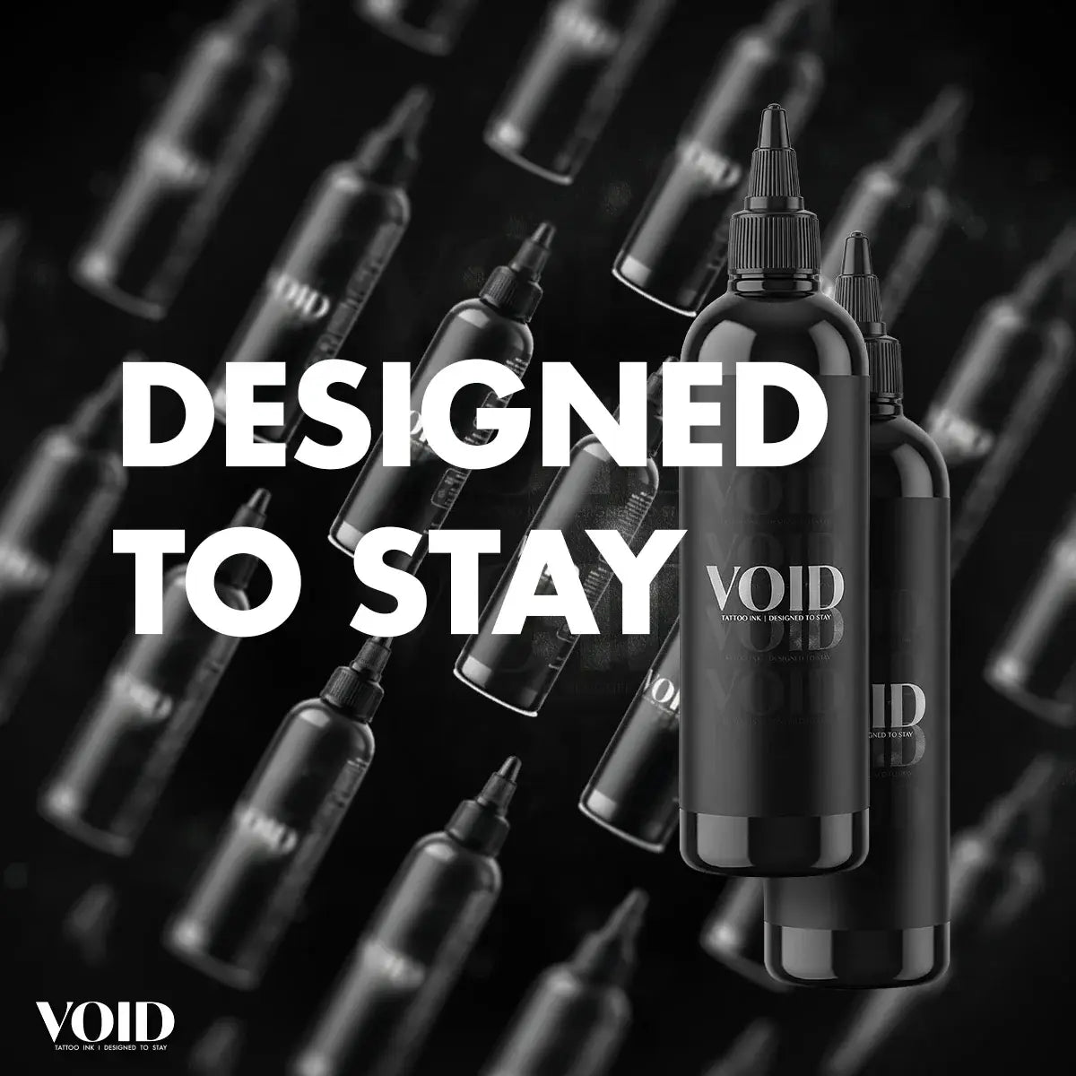 Schwarze Tattoo-Farben-Flaschen von Void mit Pigmentstruktur in 200-ml-Kunststoffbehältern mit schwarzen Kappen