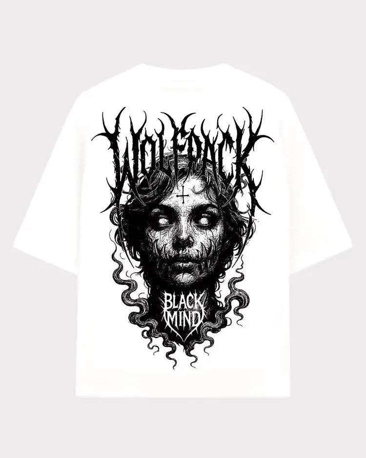 White oversized unisex tee featuring black ritual wolfpack graphic with thorny vines and text on front