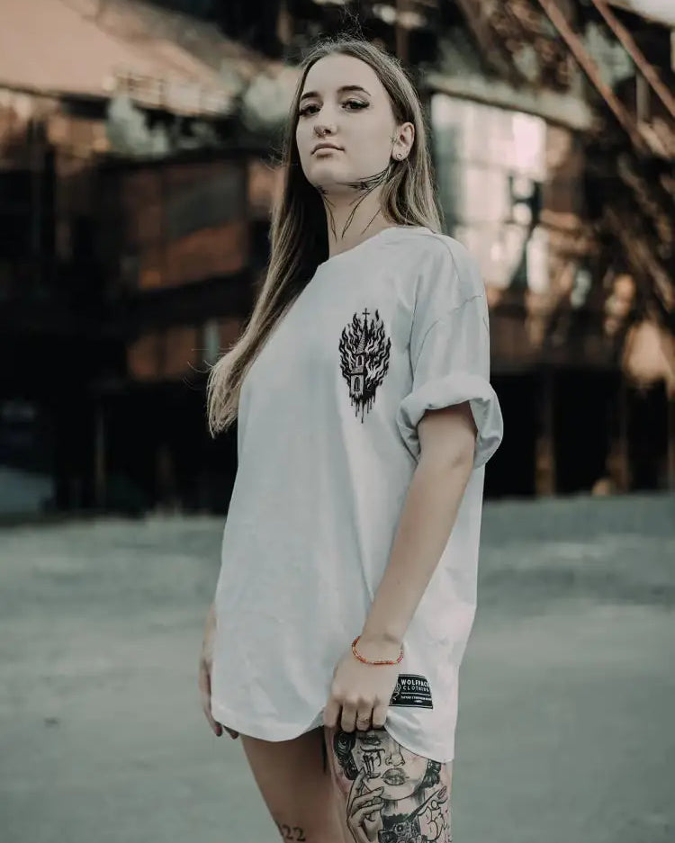 White oversized tee unisex with black wolf head graphic on left chest from wolfpack black ritual collection
