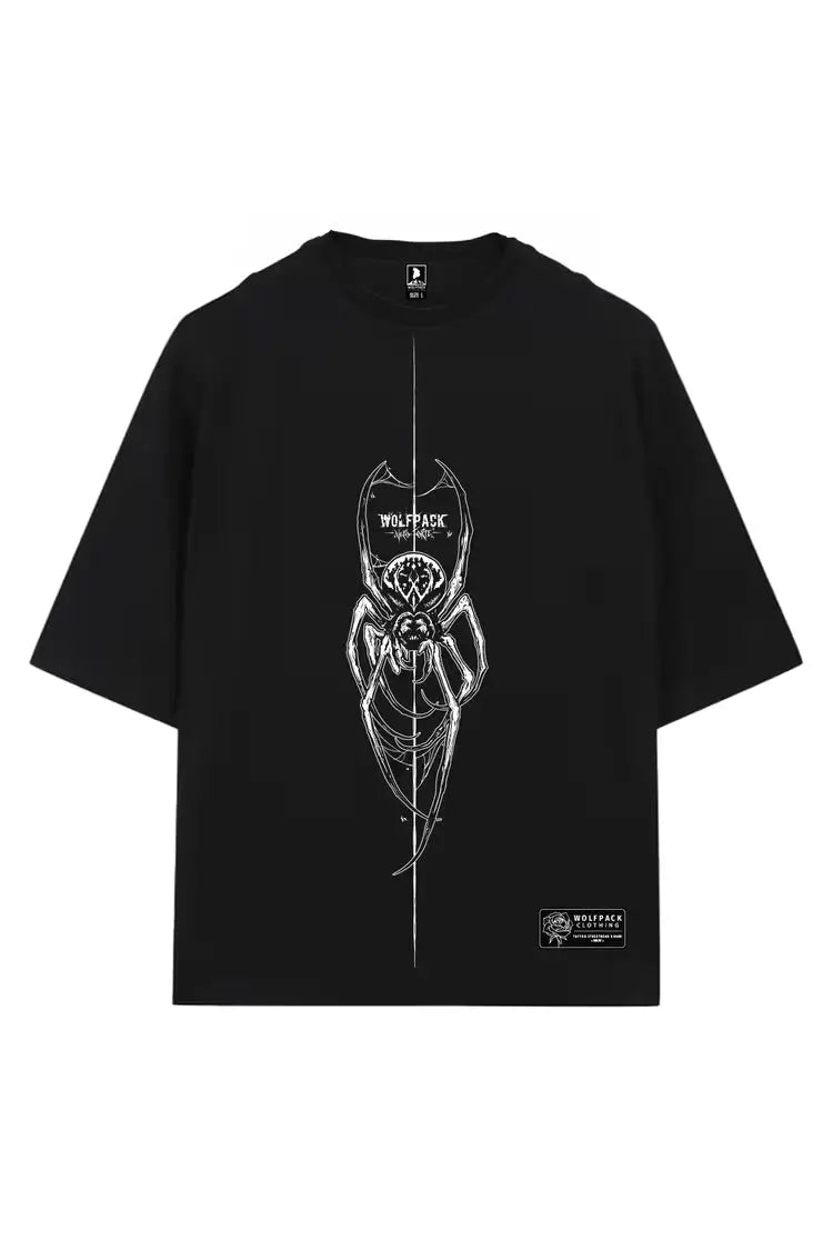 Black oversized tee unisex with bold white line-art spider and wolfpack text above perfect for casual wear