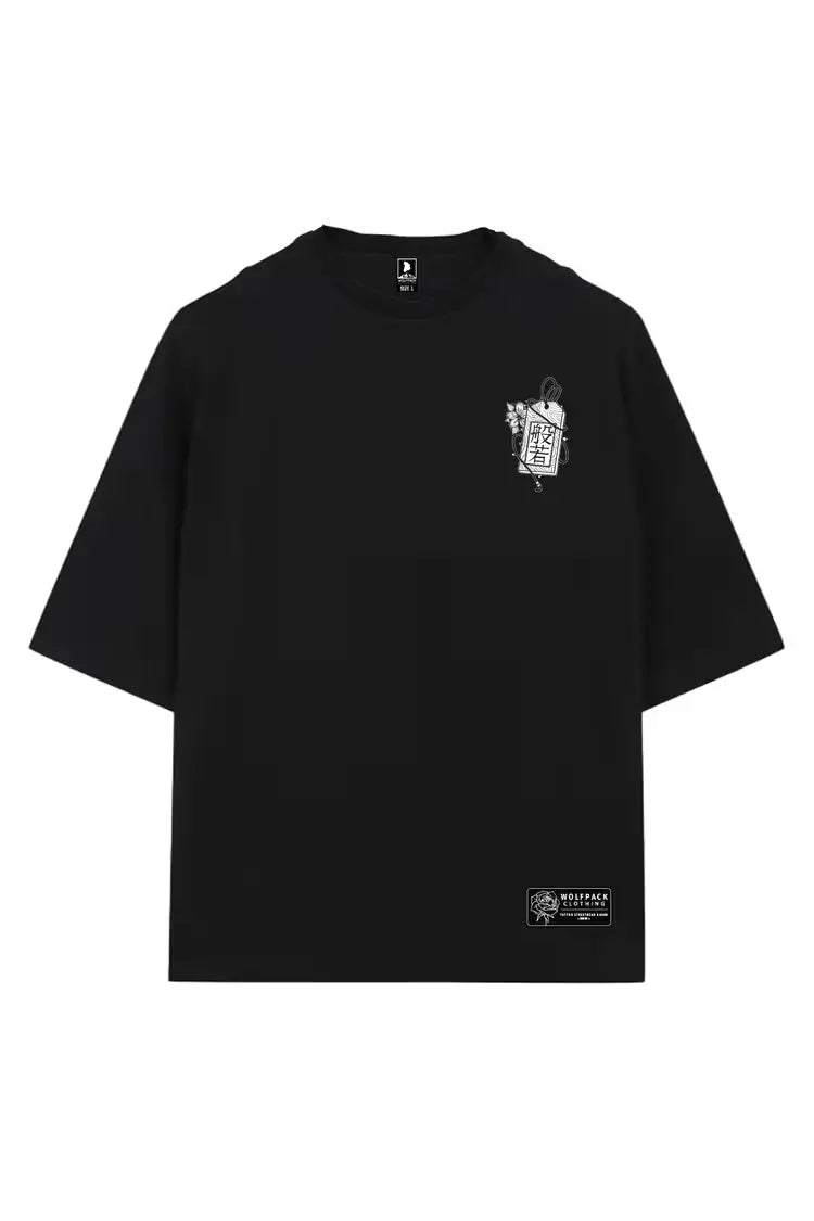 Black oversized tee unisex wolfpack hannya with white chest graphic and small rectangular label bottom right wears size