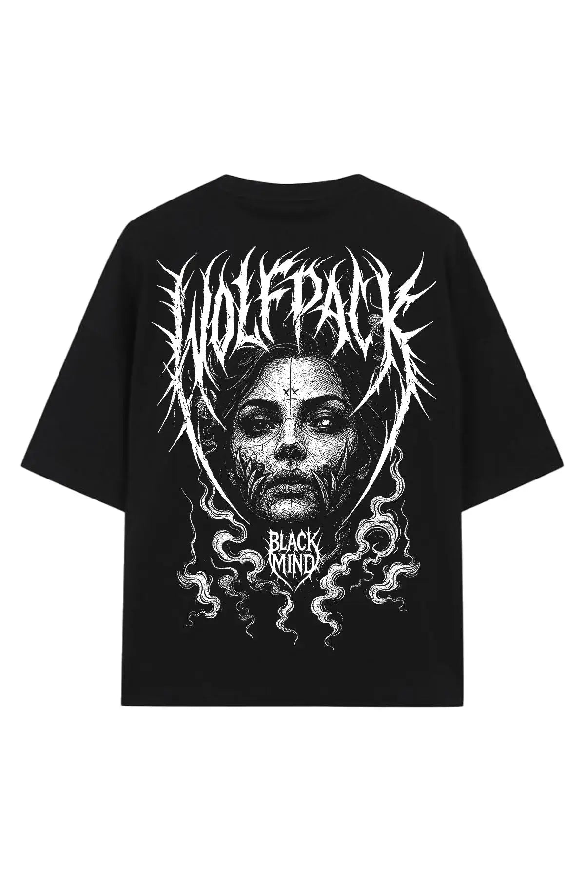 Black oversized unisex short-sleeved t-shirt with white wolfpack and black mind stylized face graphic called hell within